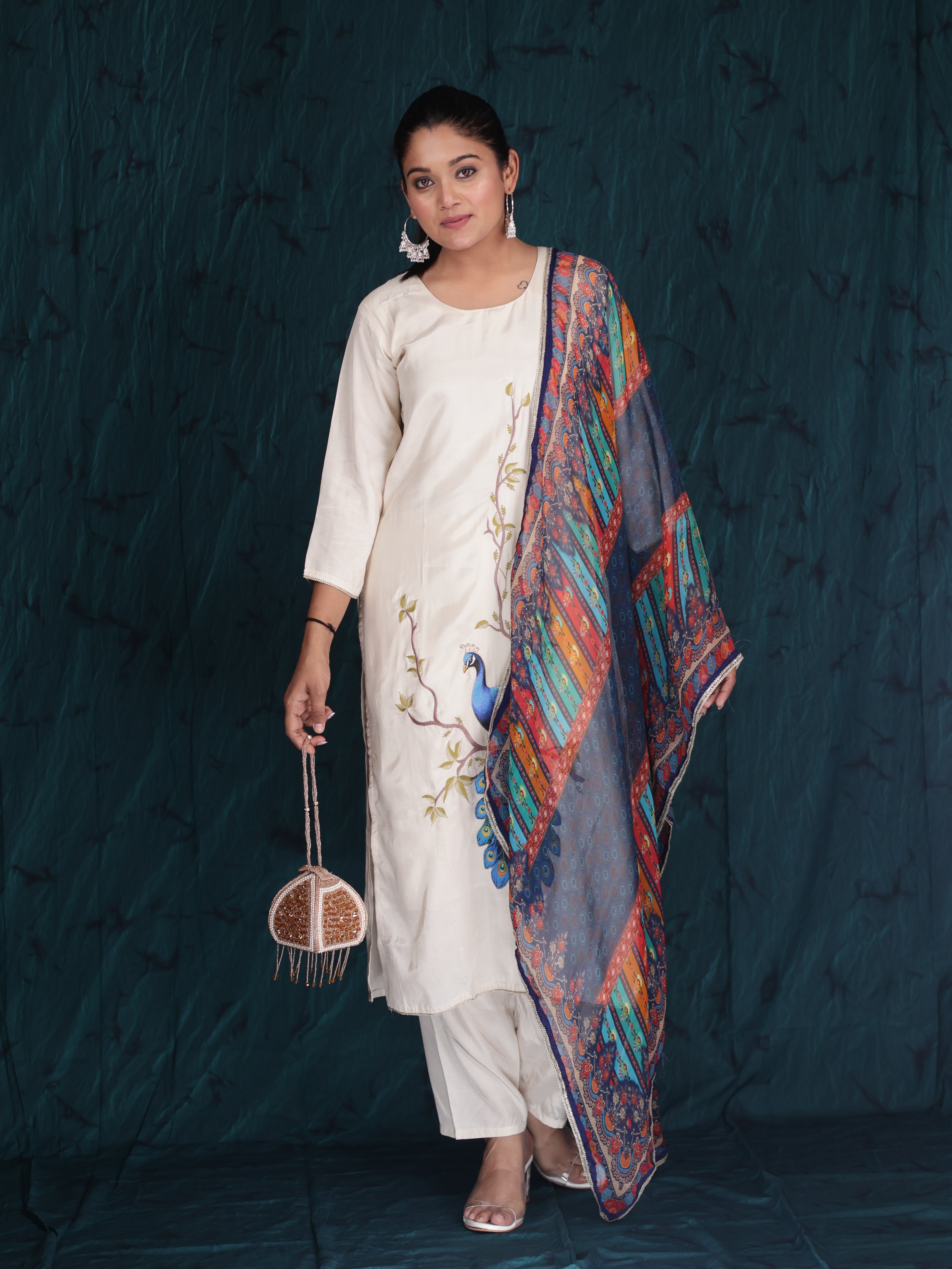 MAYURVEENA PEACOCK EMBROIDERY PURE LENZING SUIT SET