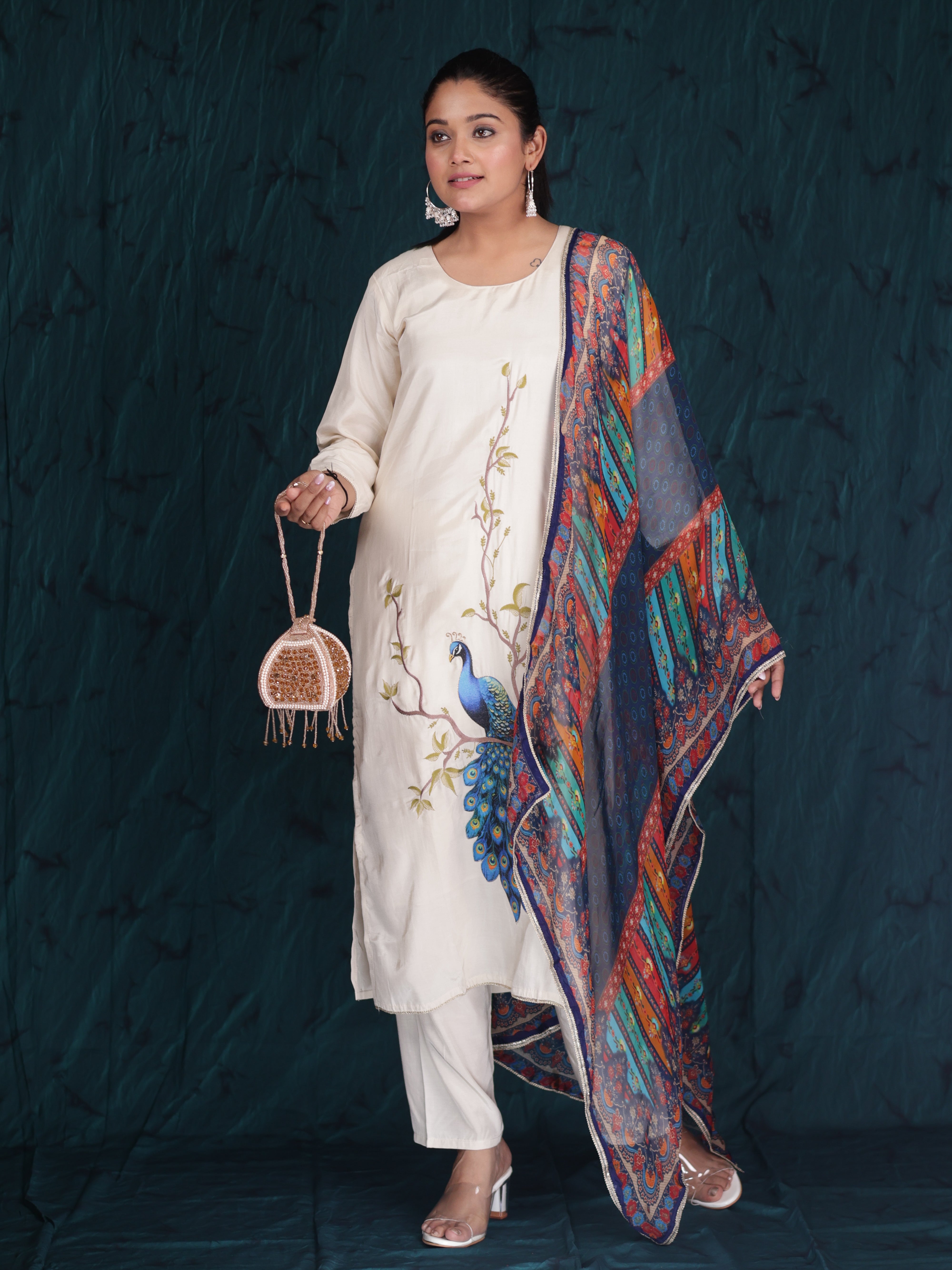 MAYURVEENA PEACOCK EMBROIDERY PURE LENZING SUIT SET