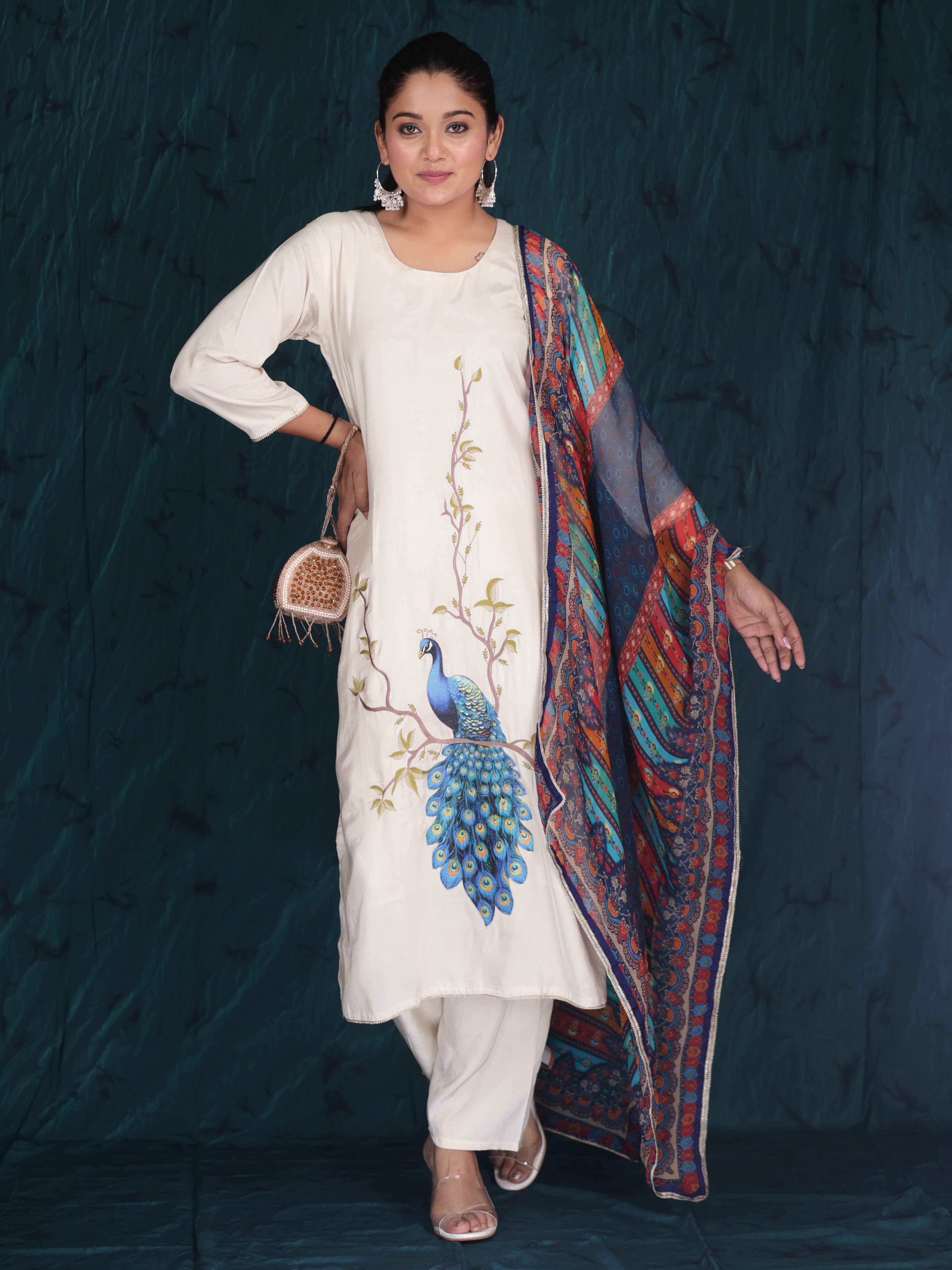 MAYURVEENA PEACOCK EMBROIDERY PURE LENZING SUIT SET