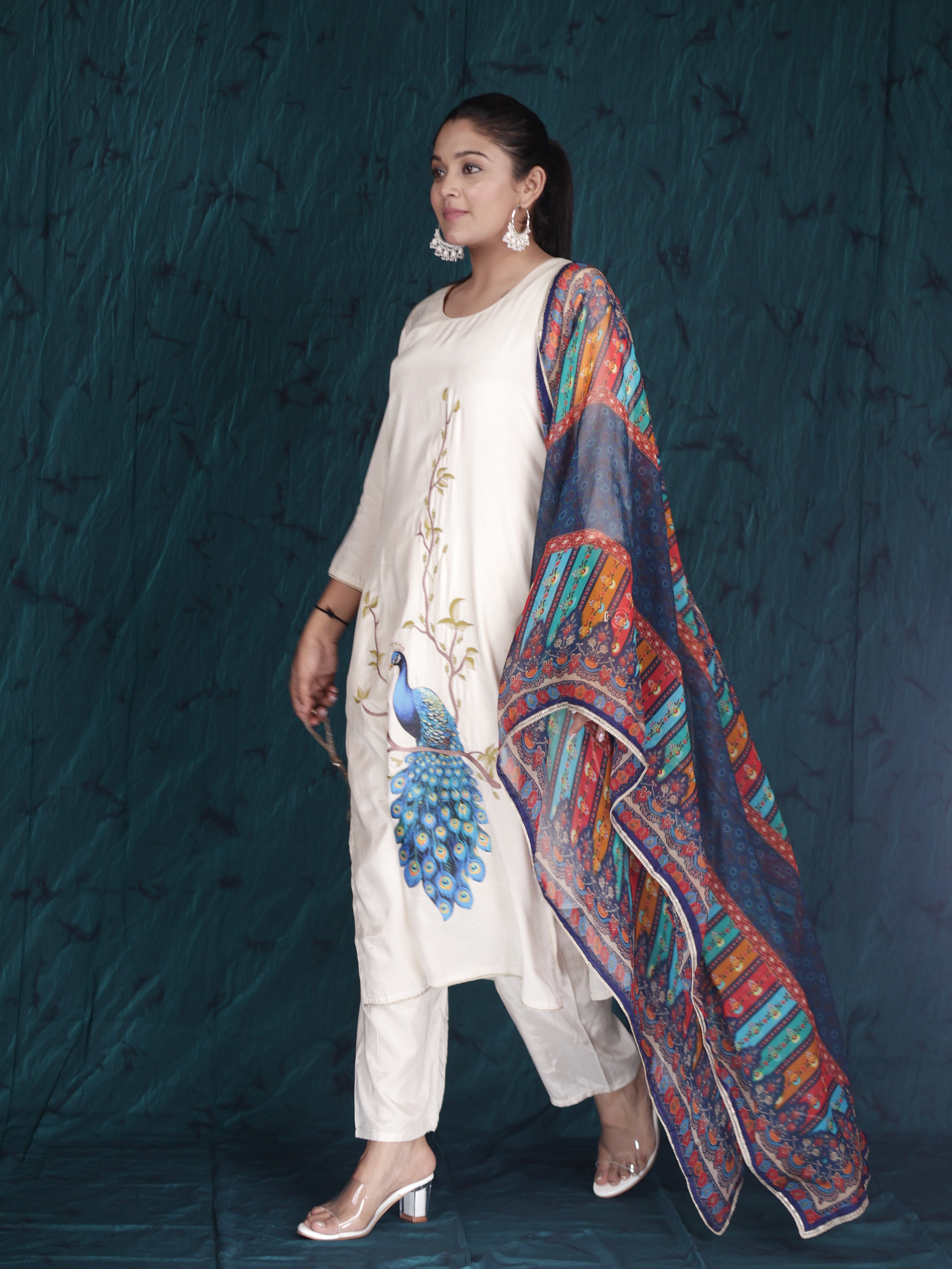 MAYURVEENA PEACOCK EMBROIDERY PURE LENZING SUIT SET