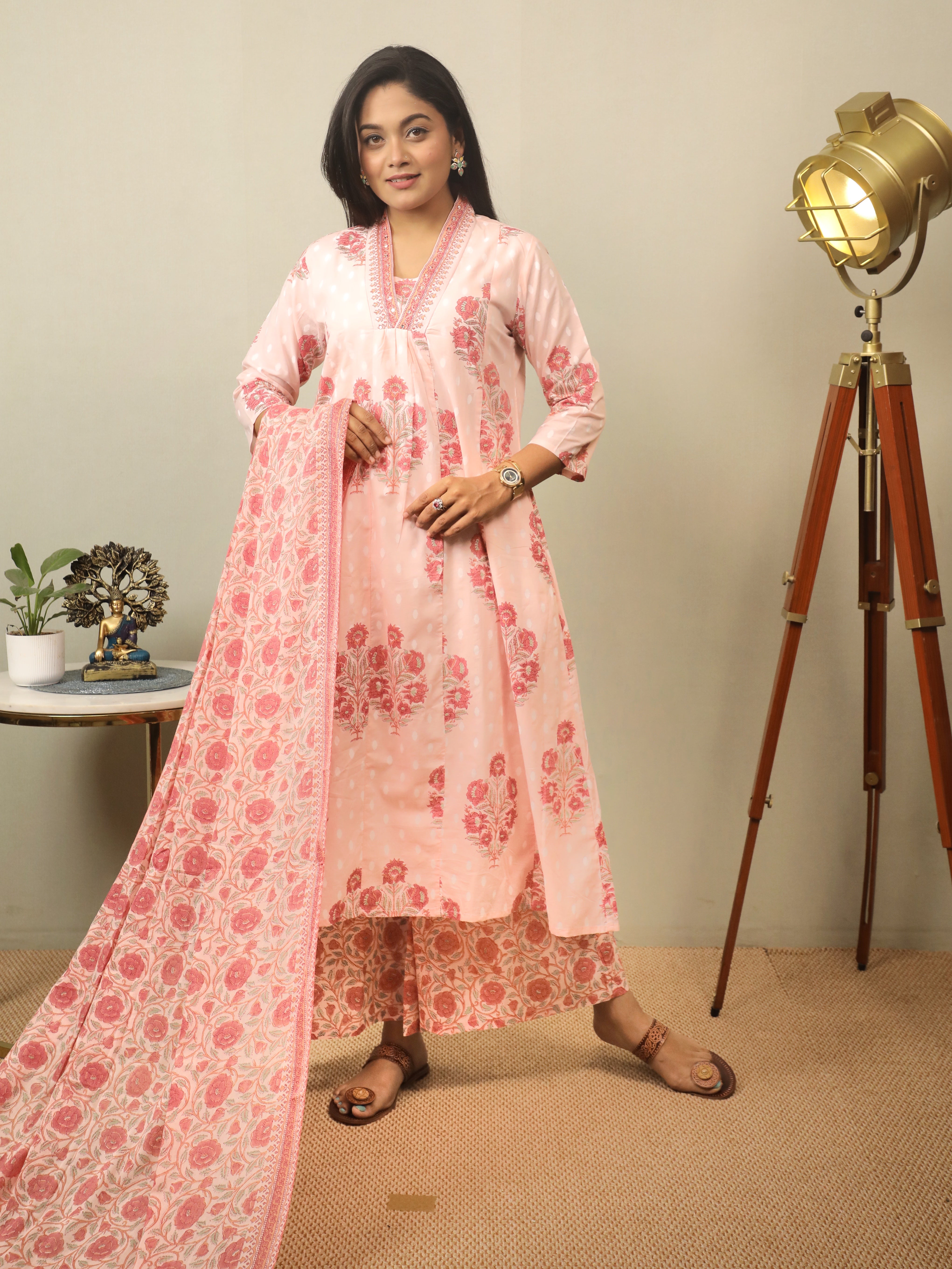 GRACEFUL PINK BLUSH EMBROIDERED COTTON ENSEMBLE