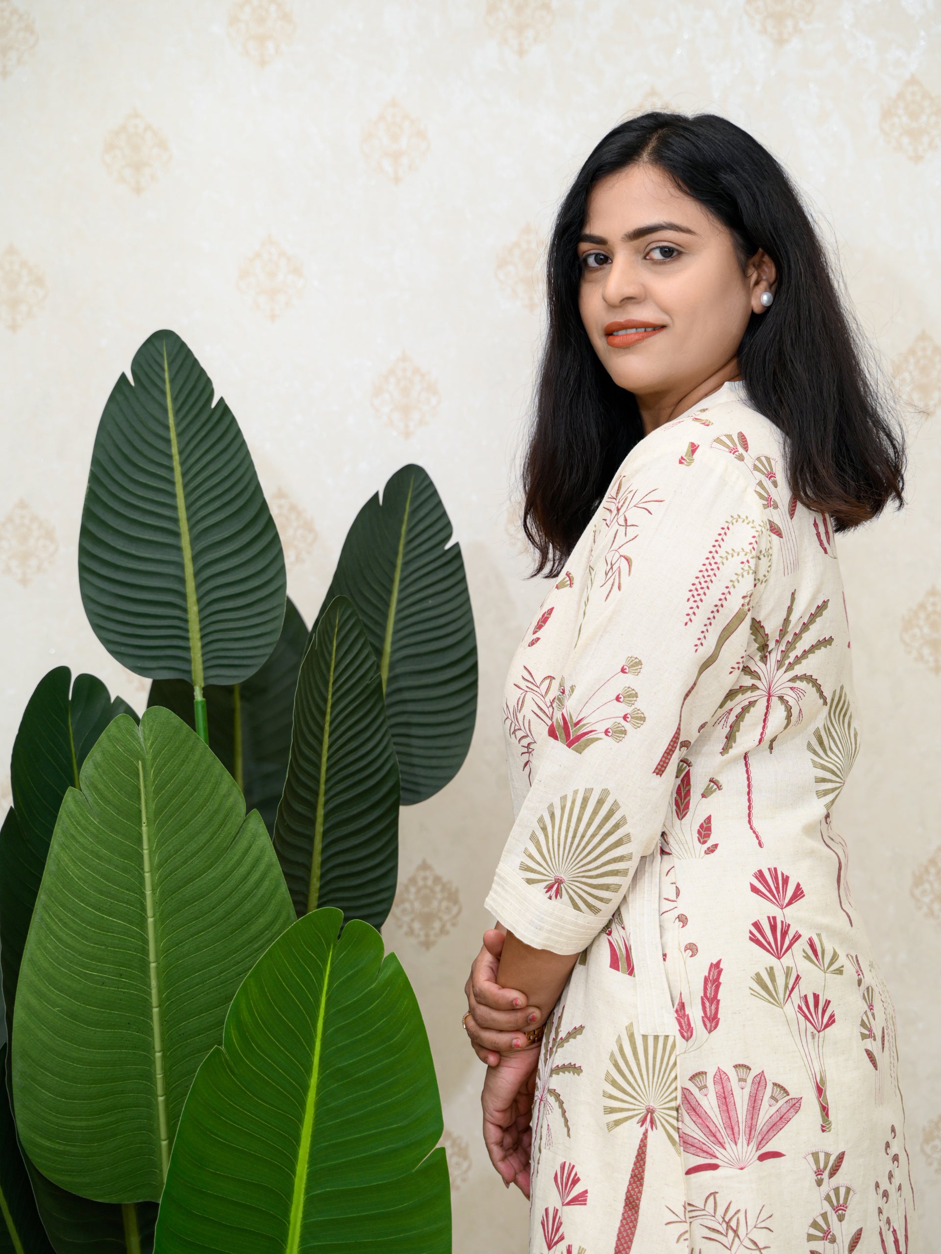 TROPICAL MAUVE WHITE COTTON KURTI SET