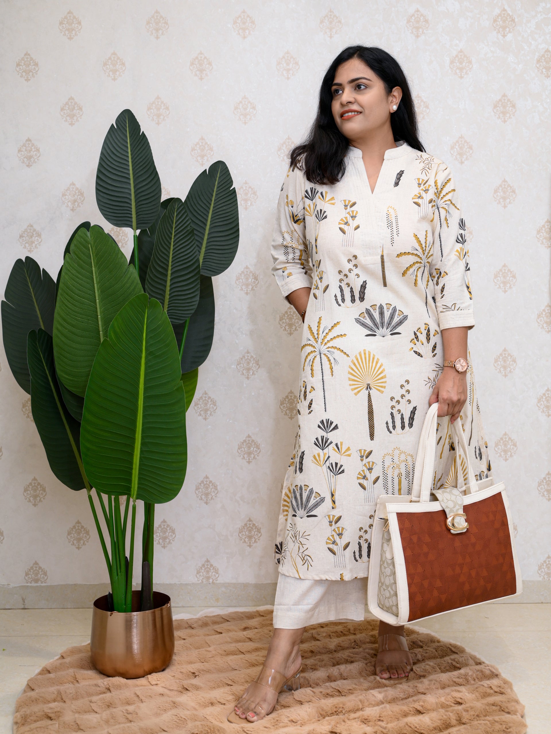 TROPICAL MUSTARD WHITE COTTON KURTA SET