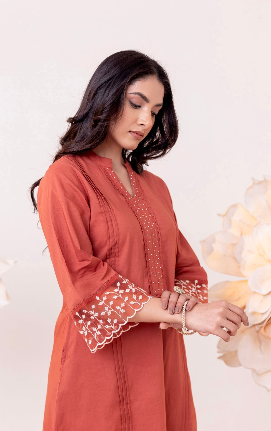 DROPS OF NATURE RUST ORANGE COTTON KURTI SET