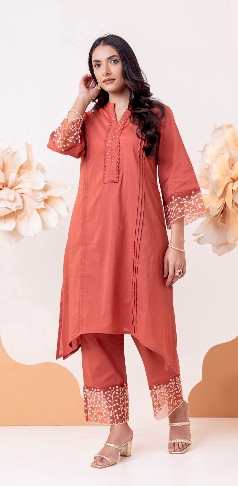 DROPS OF NATURE RUST ORANGE COTTON KURTI SET