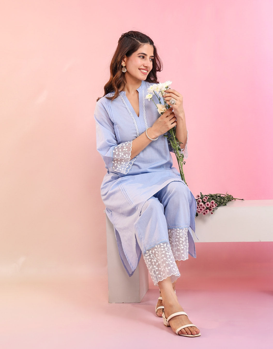 DROPS OF NATURE POWDER BLUE COTTON KURTI SET (Copy)
