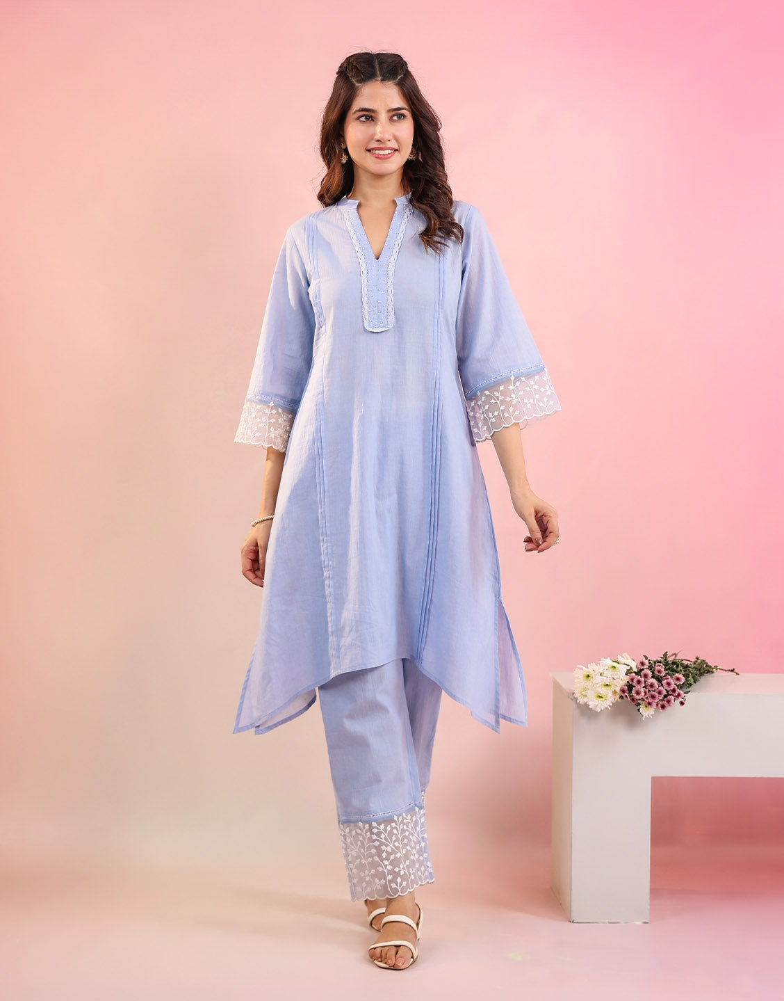 DROPS OF NATURE POWDER BLUE COTTON KURTI SET (Copy)