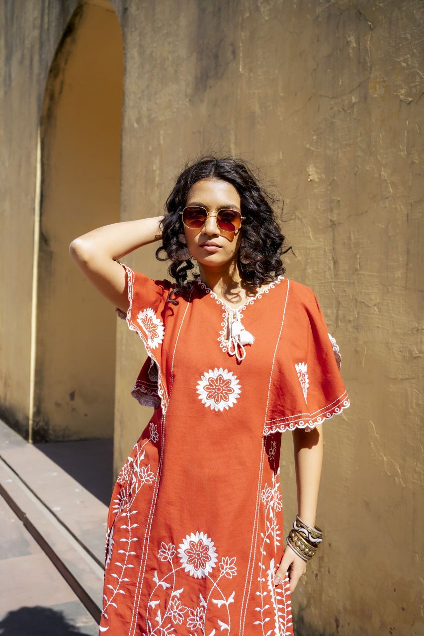 RUST ORANGE EMBROIDERED CAPE DRESS
