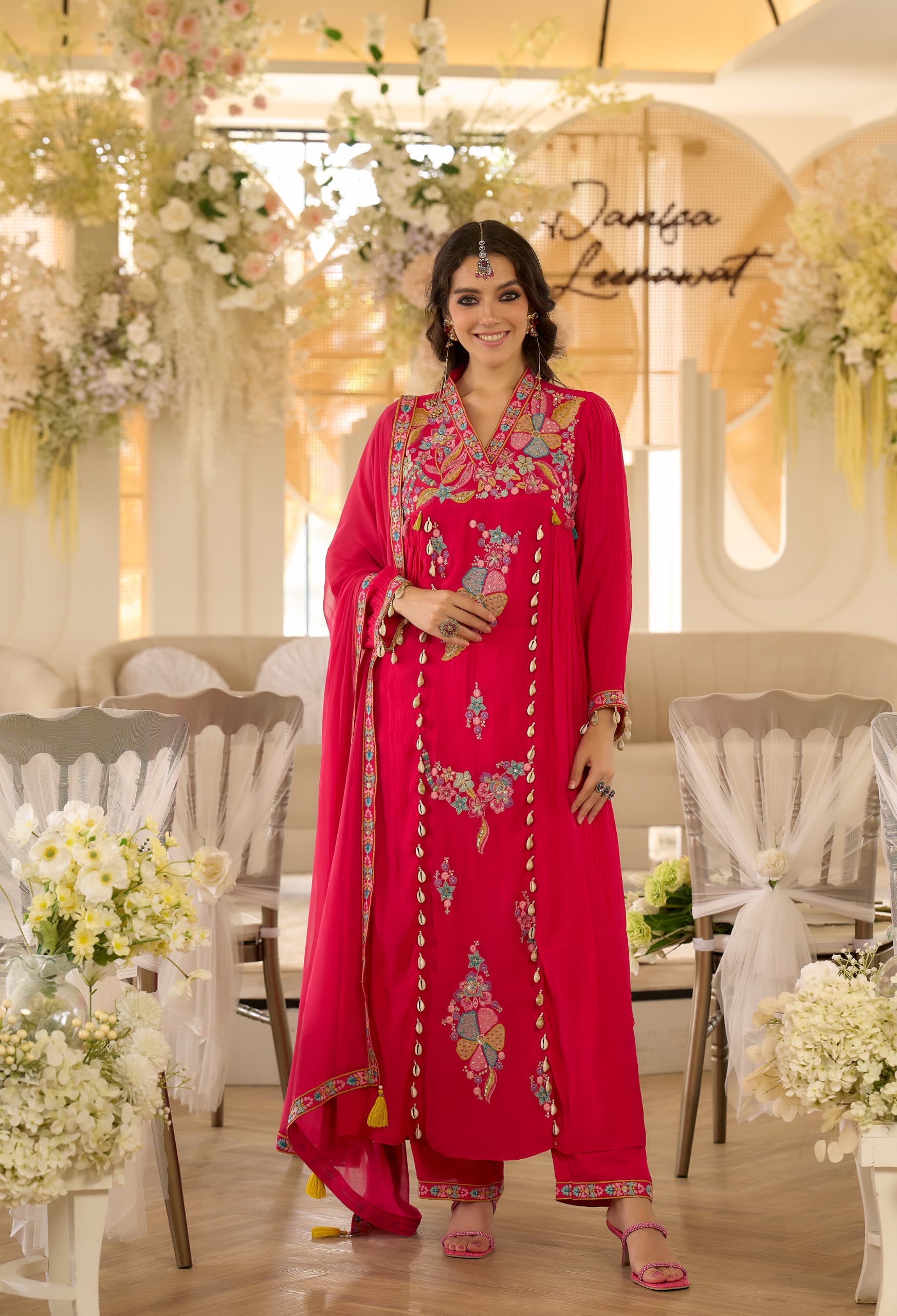 SAANJH PINK EMBROIDERED MUL CHANDERI SUIT SET