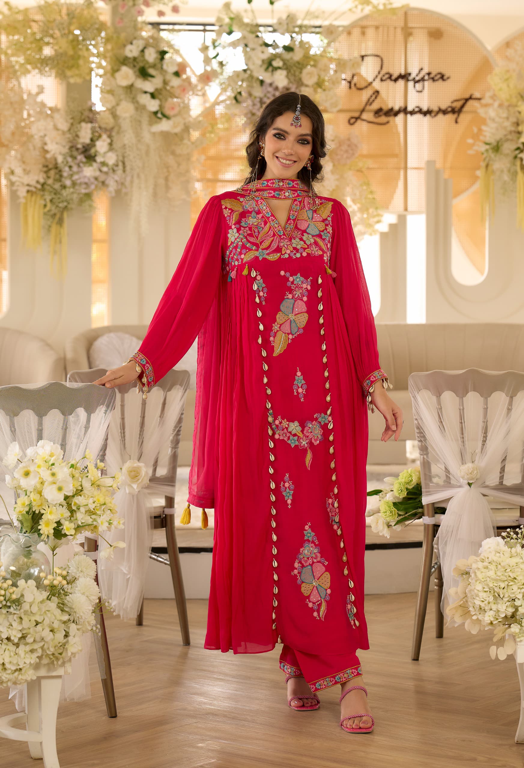 SAANJH PINK EMBROIDERED MUL CHANDERI SUIT SET