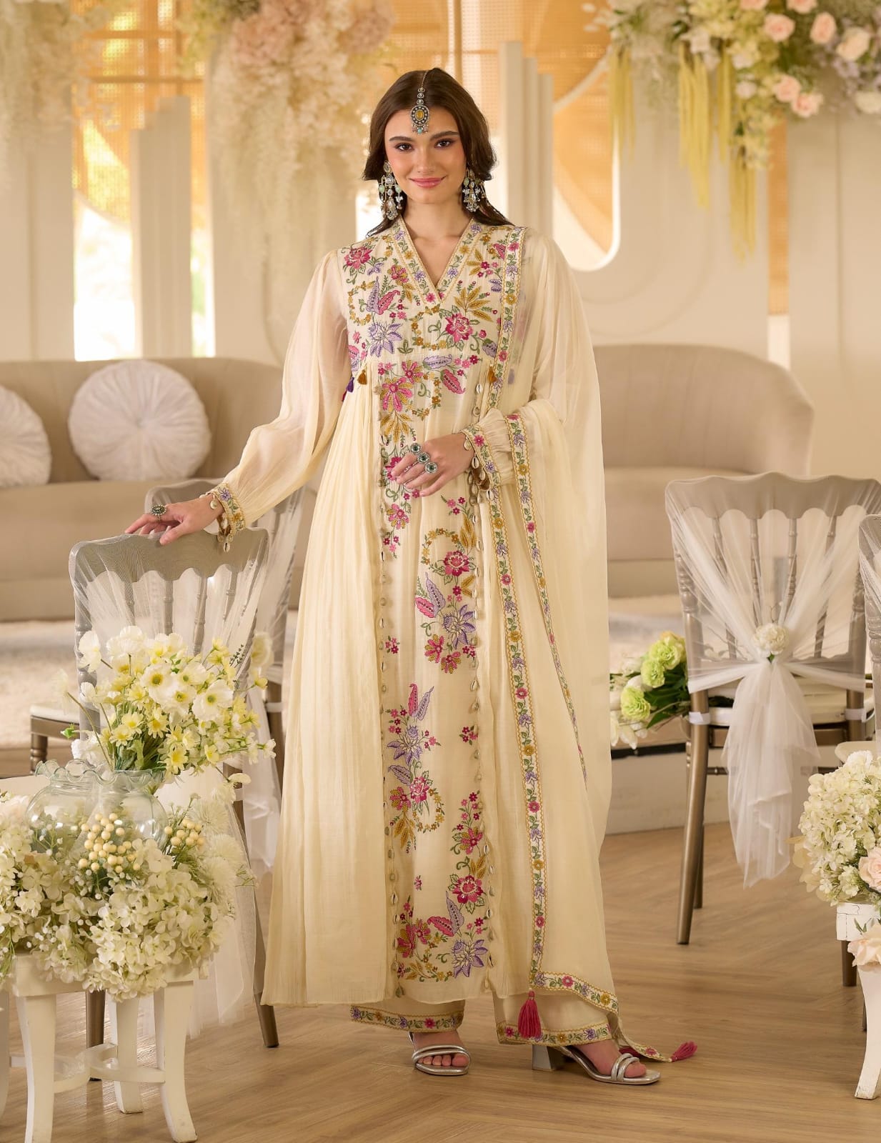 SAANJH IVORY EMBROIDERED MUL CHANDERI  SUIT SET