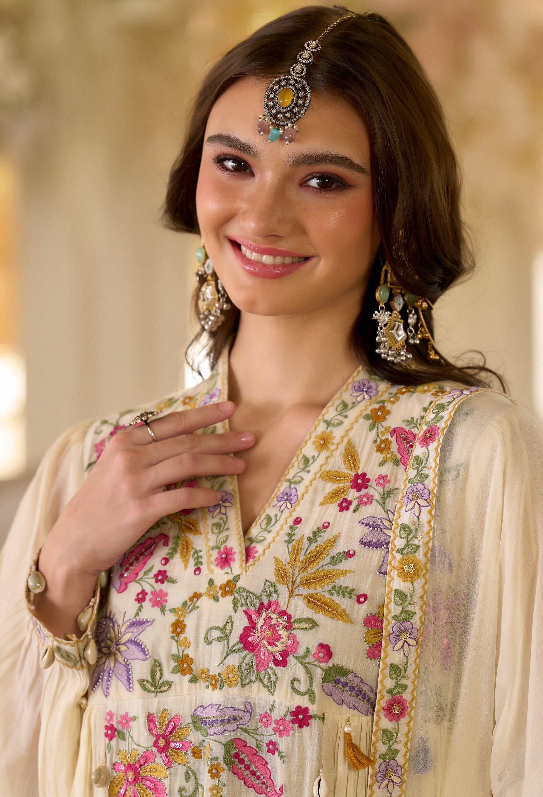 SAANJH IVORY EMBROIDERED MUL CHANDERI  SUIT SET