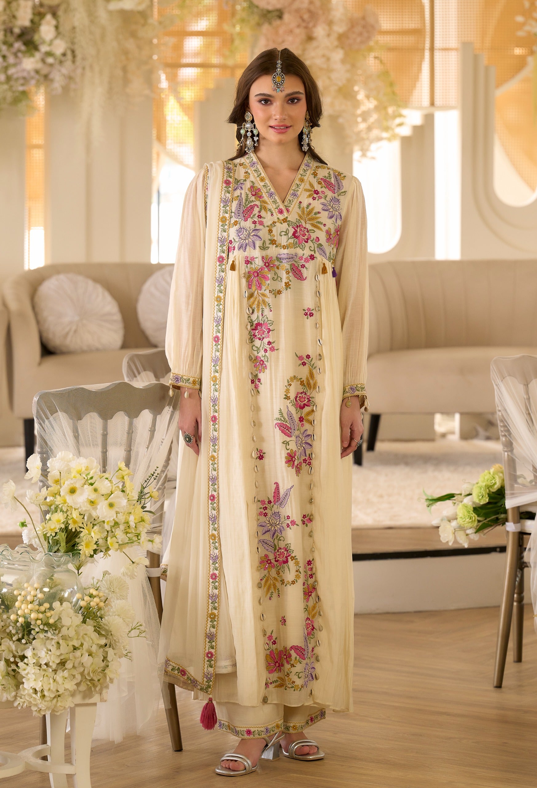 SAANJH IVORY EMBROIDERED MUL CHANDERI  SUIT SET