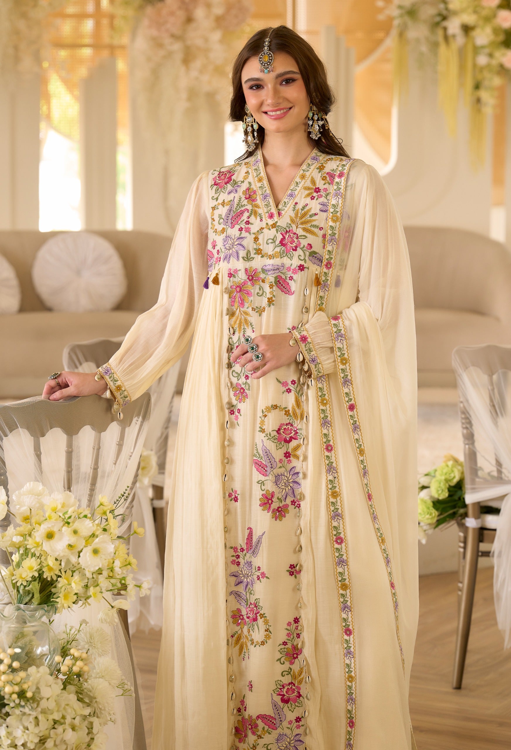 SAANJH IVORY EMBROIDERED MUL CHANDERI  SUIT SET