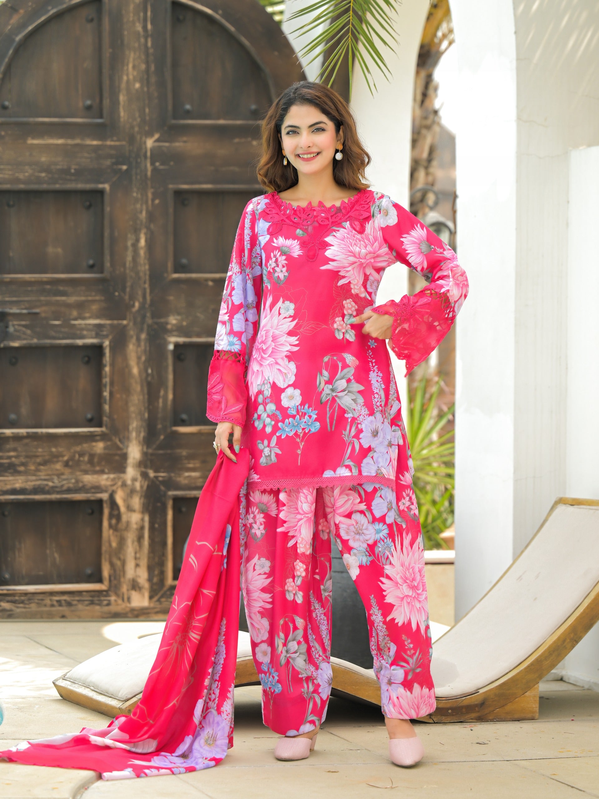 HOT PINK FLORAL FARSHI SALWAR SUIT SET (Copy)