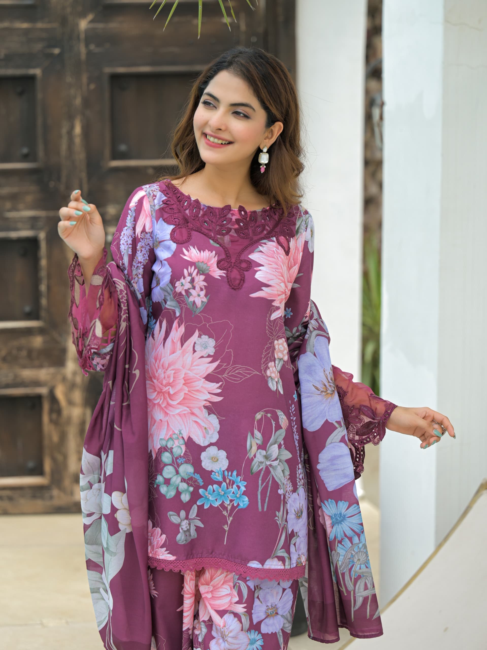 MAUVE FLORAL FARSHI SALWAR SUIT SET (Copy) (Copy)