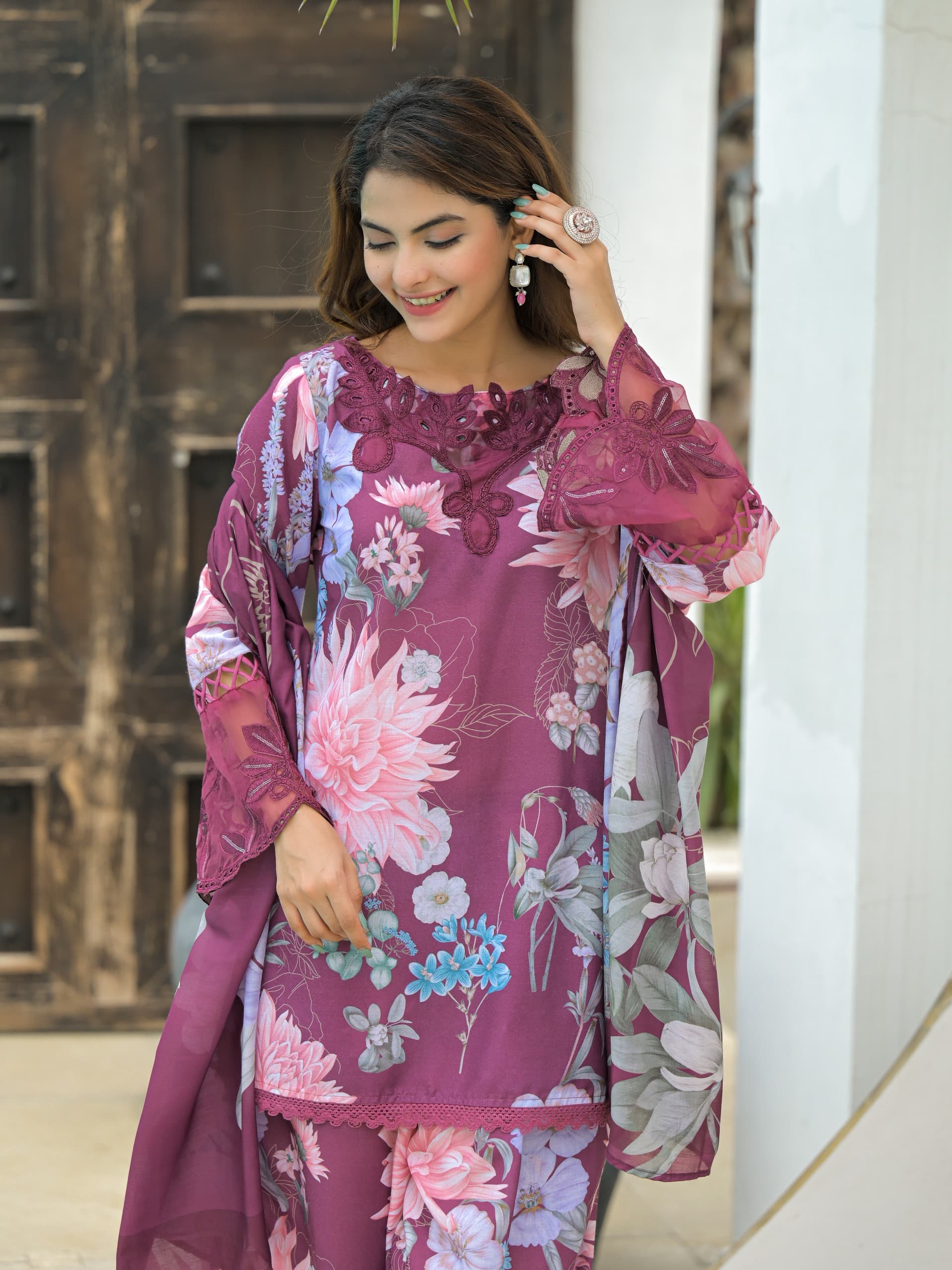 MAUVE FLORAL FARSHI SALWAR SUIT SET (Copy) (Copy)