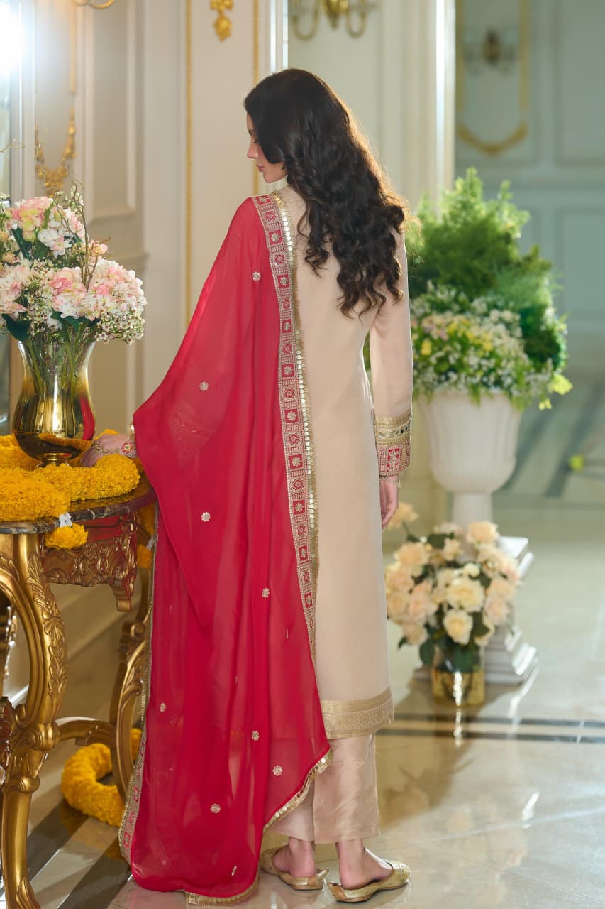 IVORY RED MIRROR EMBELLISHED BROCADE SUIT SET