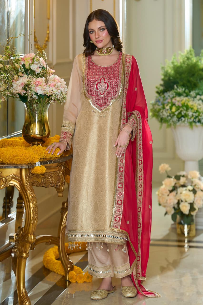 IVORY RED MIRROR EMBELLISHED BROCADE SUIT SET
