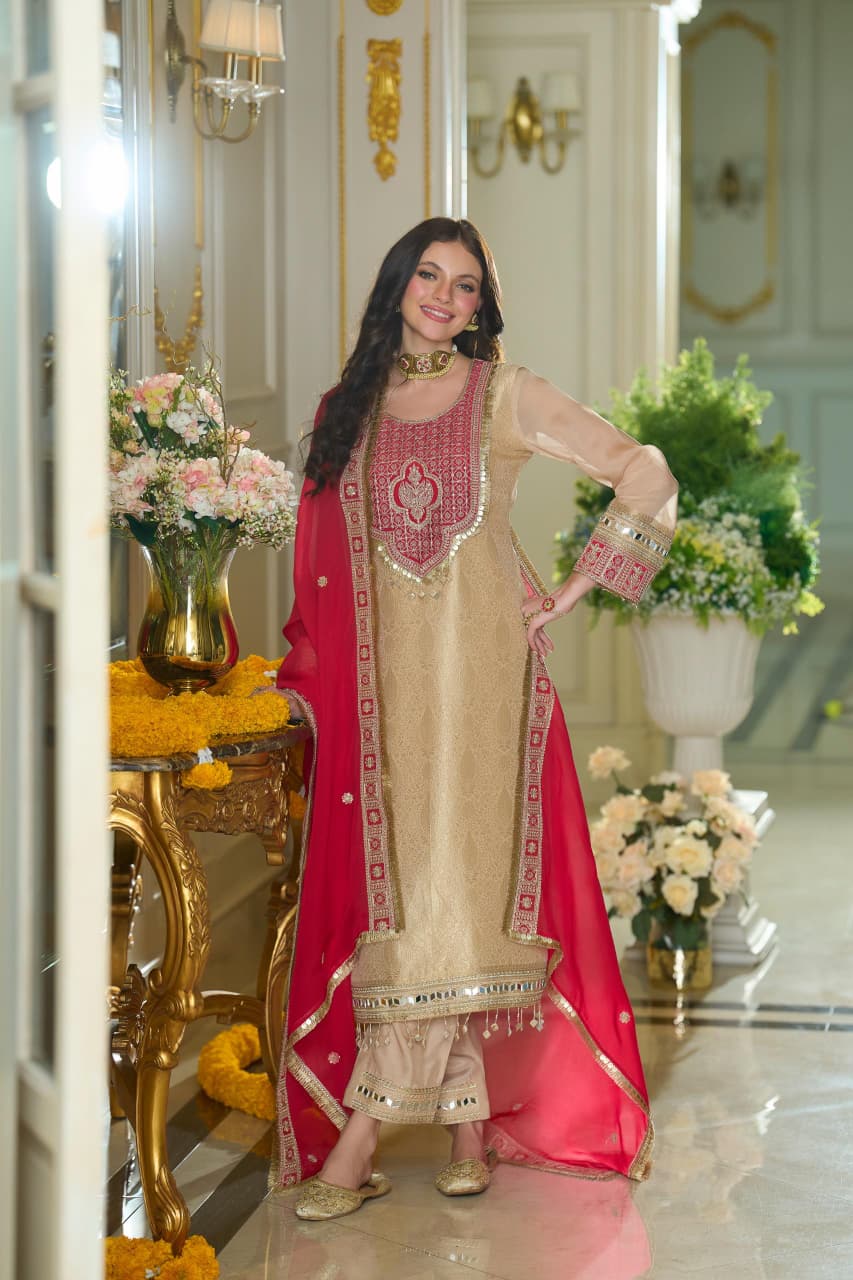 IVORY RED MIRROR EMBELLISHED BROCADE SUIT SET
