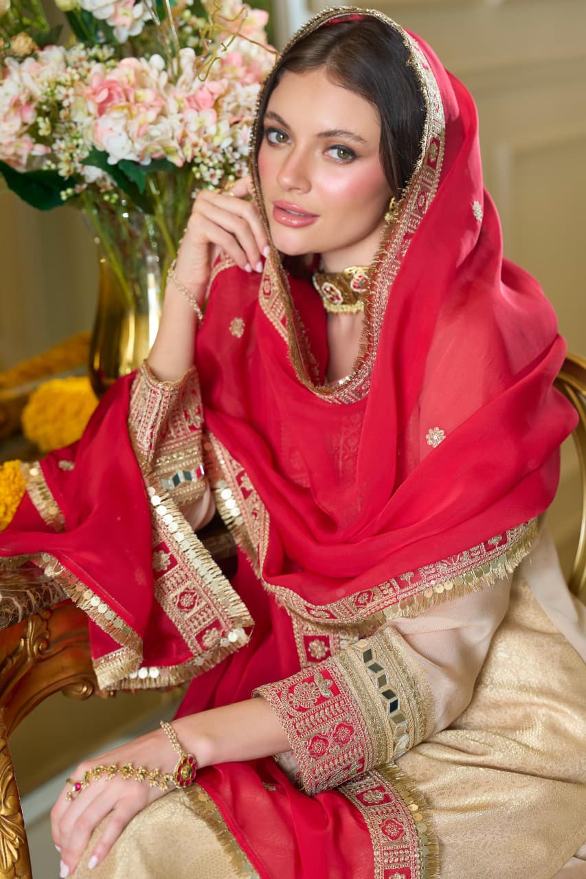 IVORY RED MIRROR EMBELLISHED BROCADE SUIT SET
