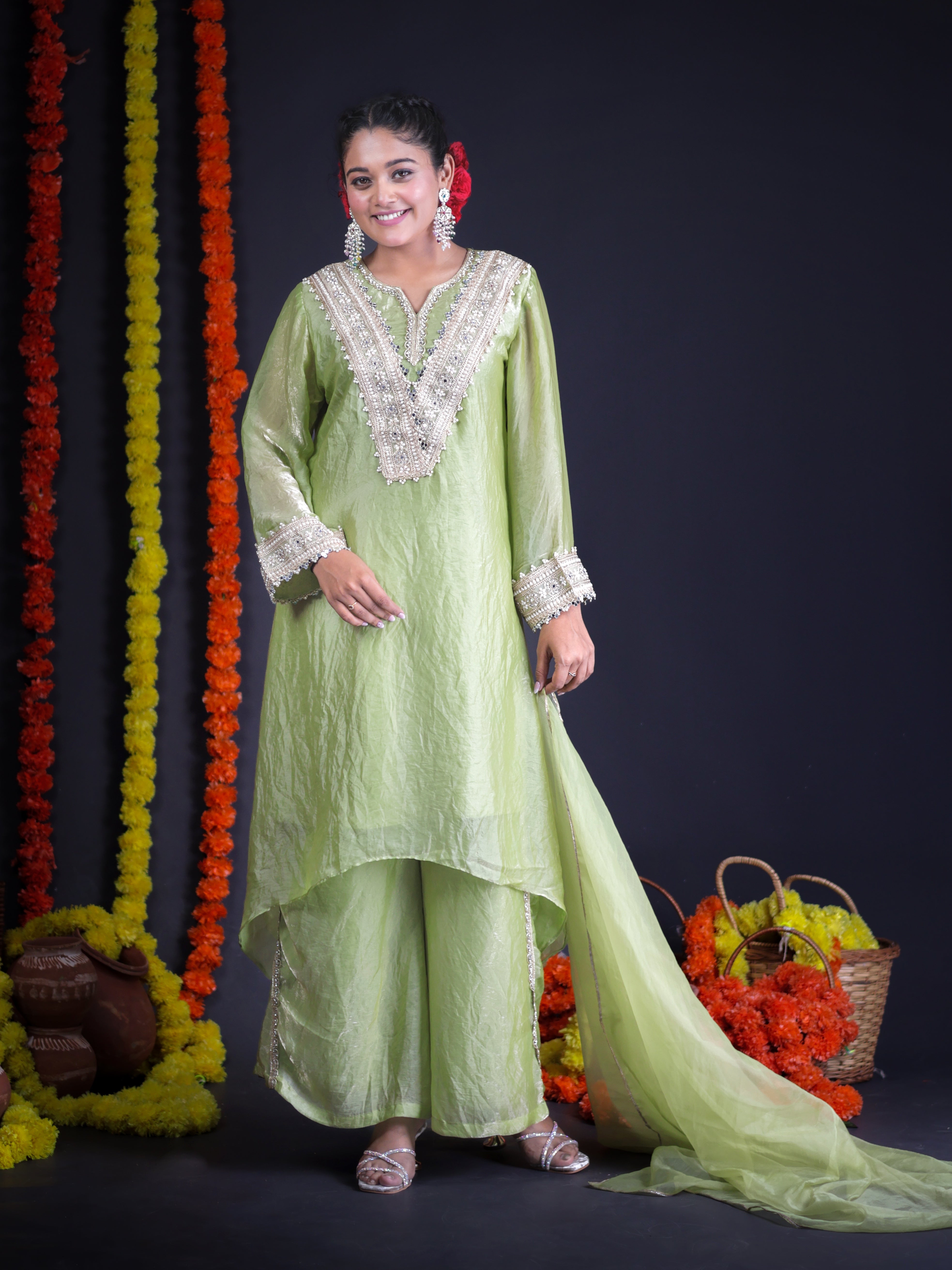 PISTA GREEN SHIMMER EMBELLISHED HIGH-LOW TISSUE KURTA SET