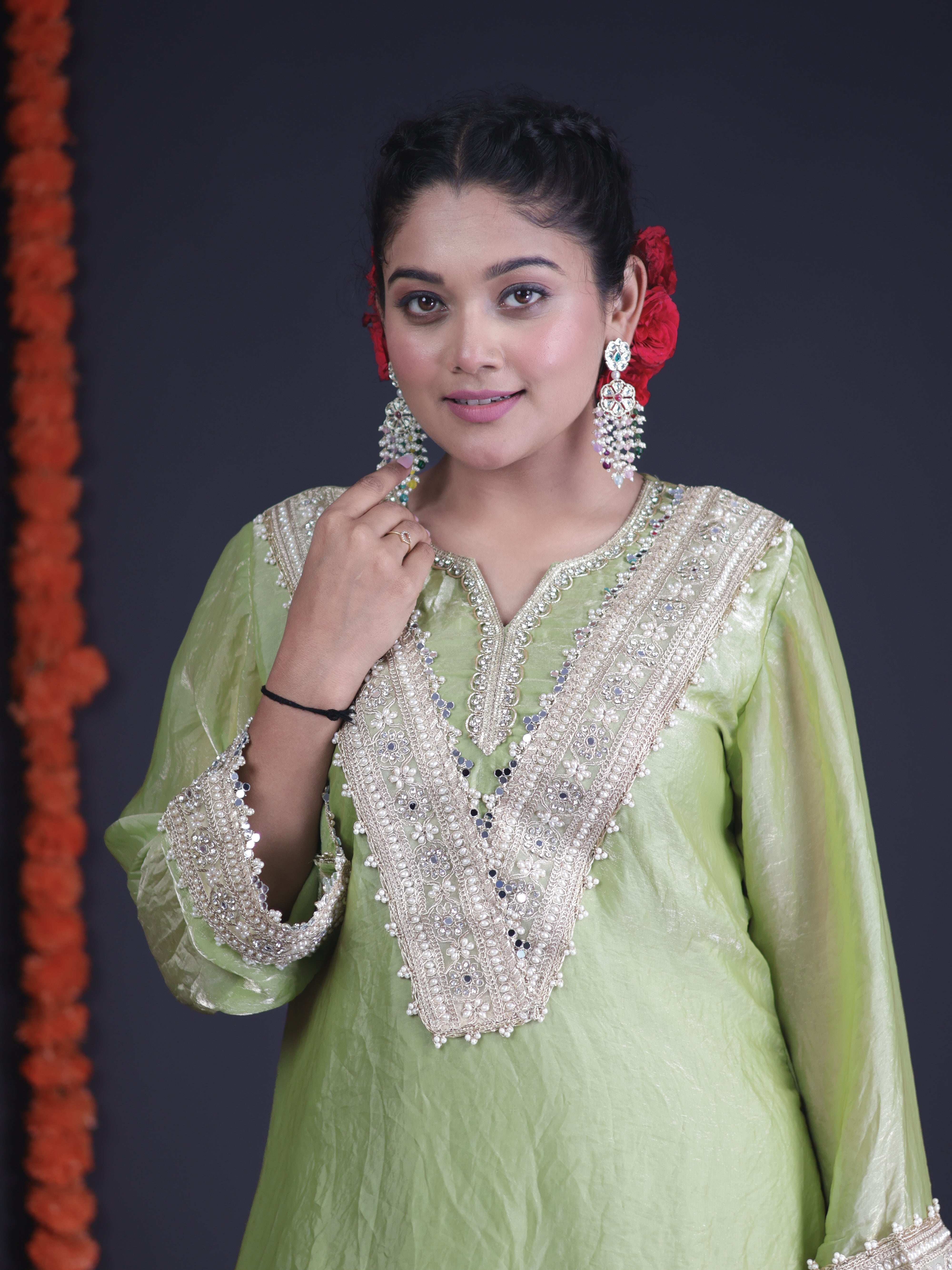 PISTA GREEN SHIMMER EMBELLISHED HIGH-LOW TISSUE KURTA SET