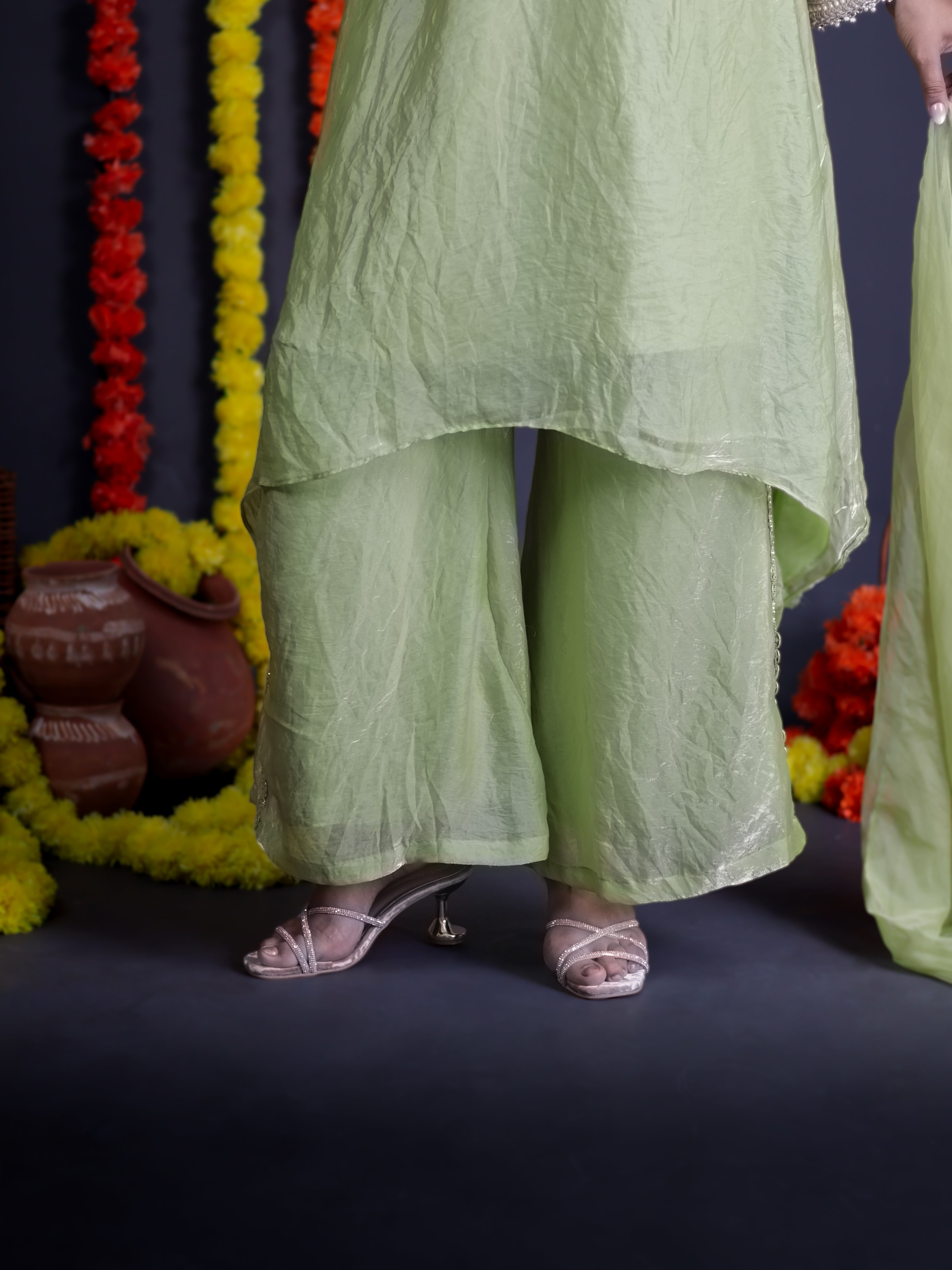 PISTA GREEN SHIMMER EMBELLISHED HIGH-LOW TISSUE KURTA SET