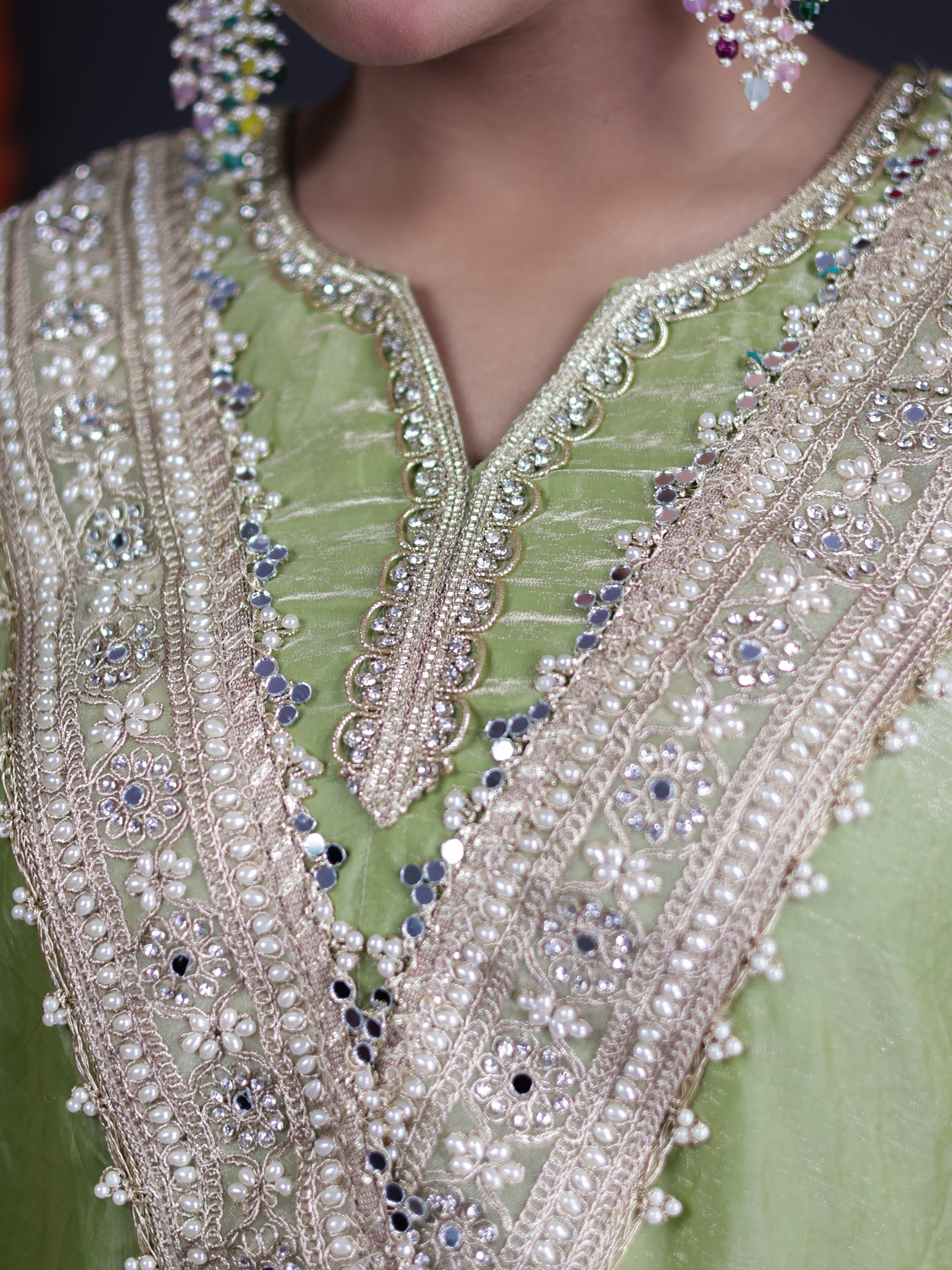 PISTA GREEN SHIMMER EMBELLISHED HIGH-LOW TISSUE KURTA SET
