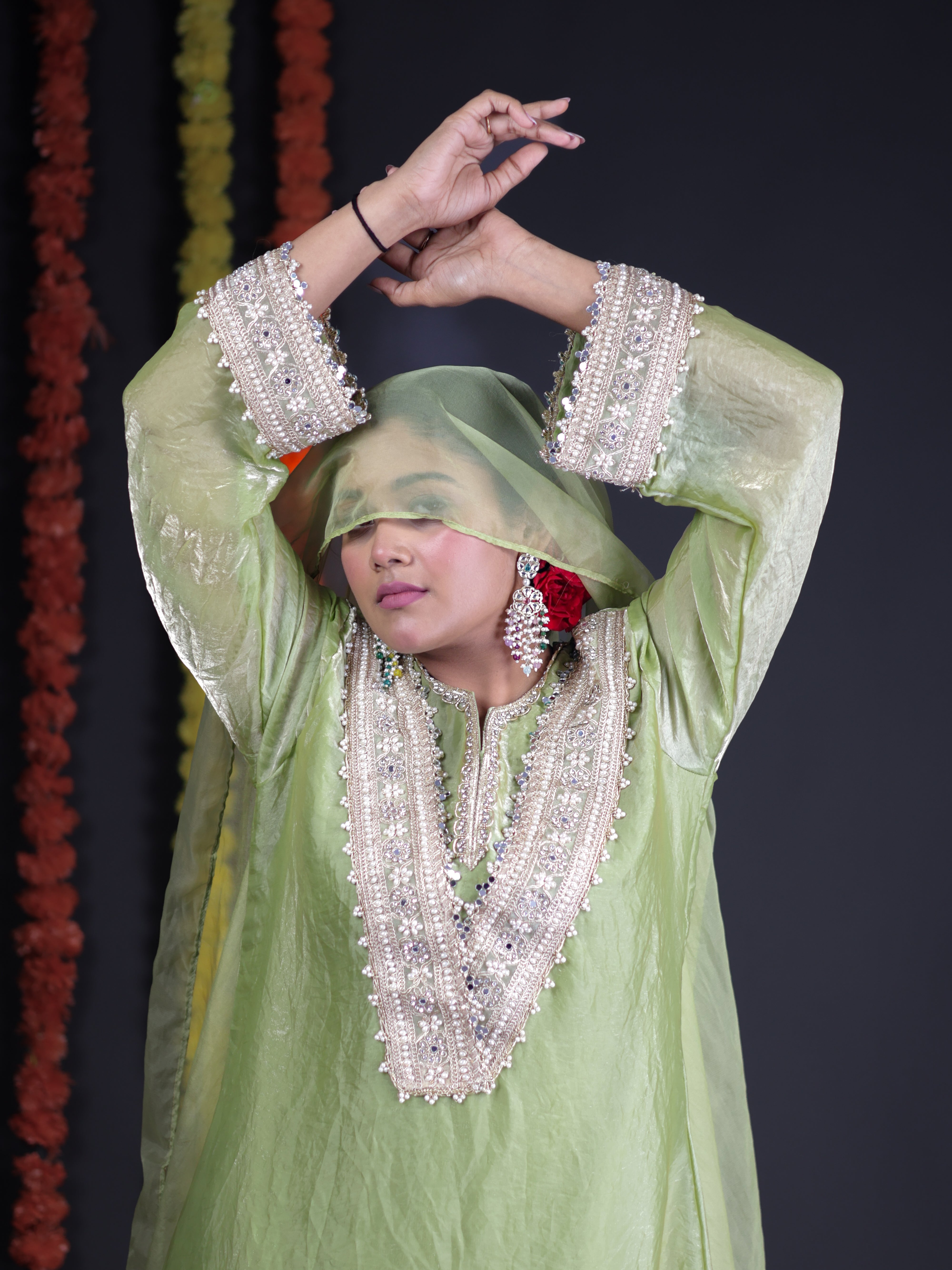 PISTA GREEN SHIMMER EMBELLISHED HIGH-LOW TISSUE KURTA SET