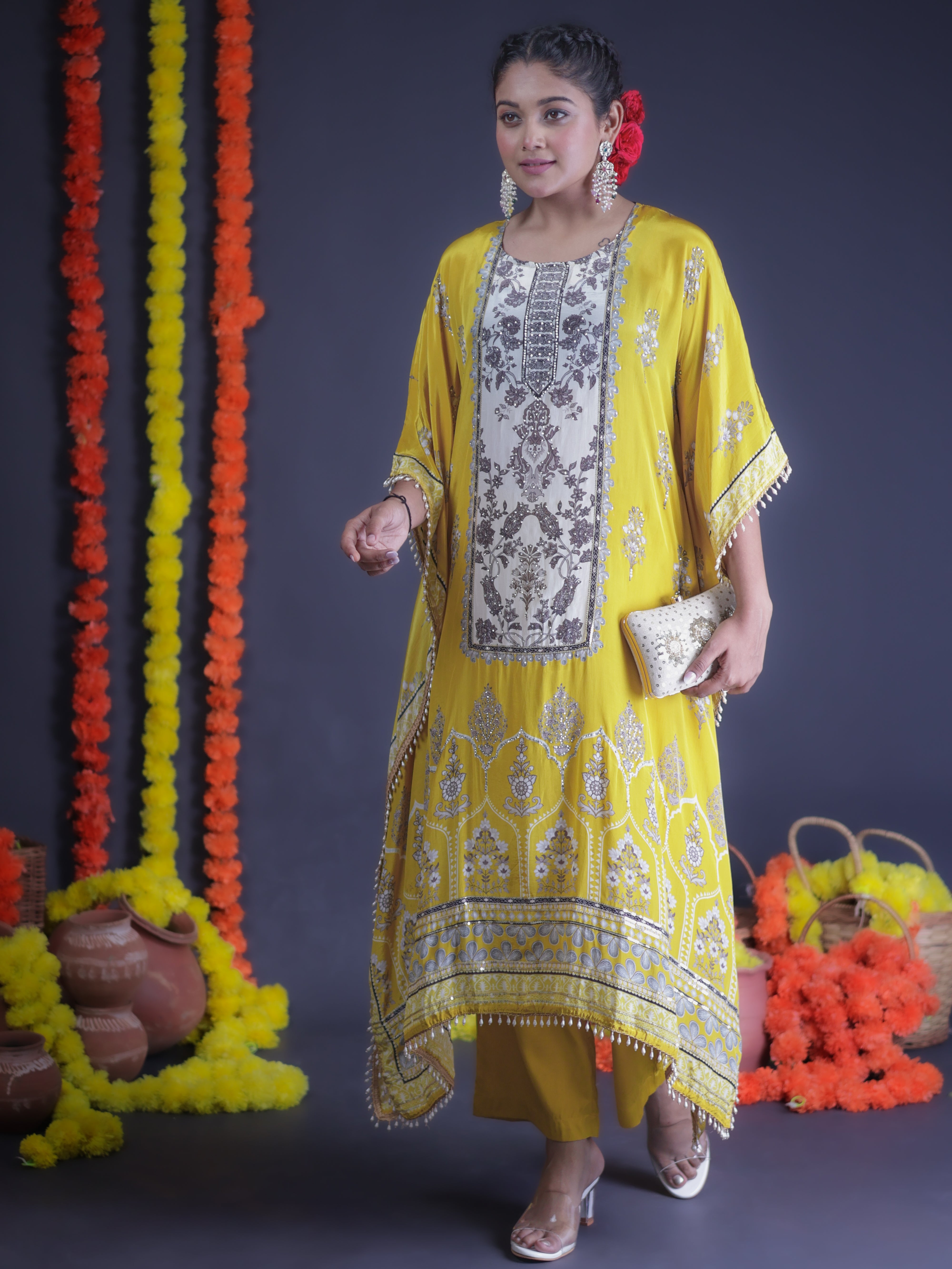 GILDED YELLOW WHITE EMBELLISHED KAFTAN KURTA SET