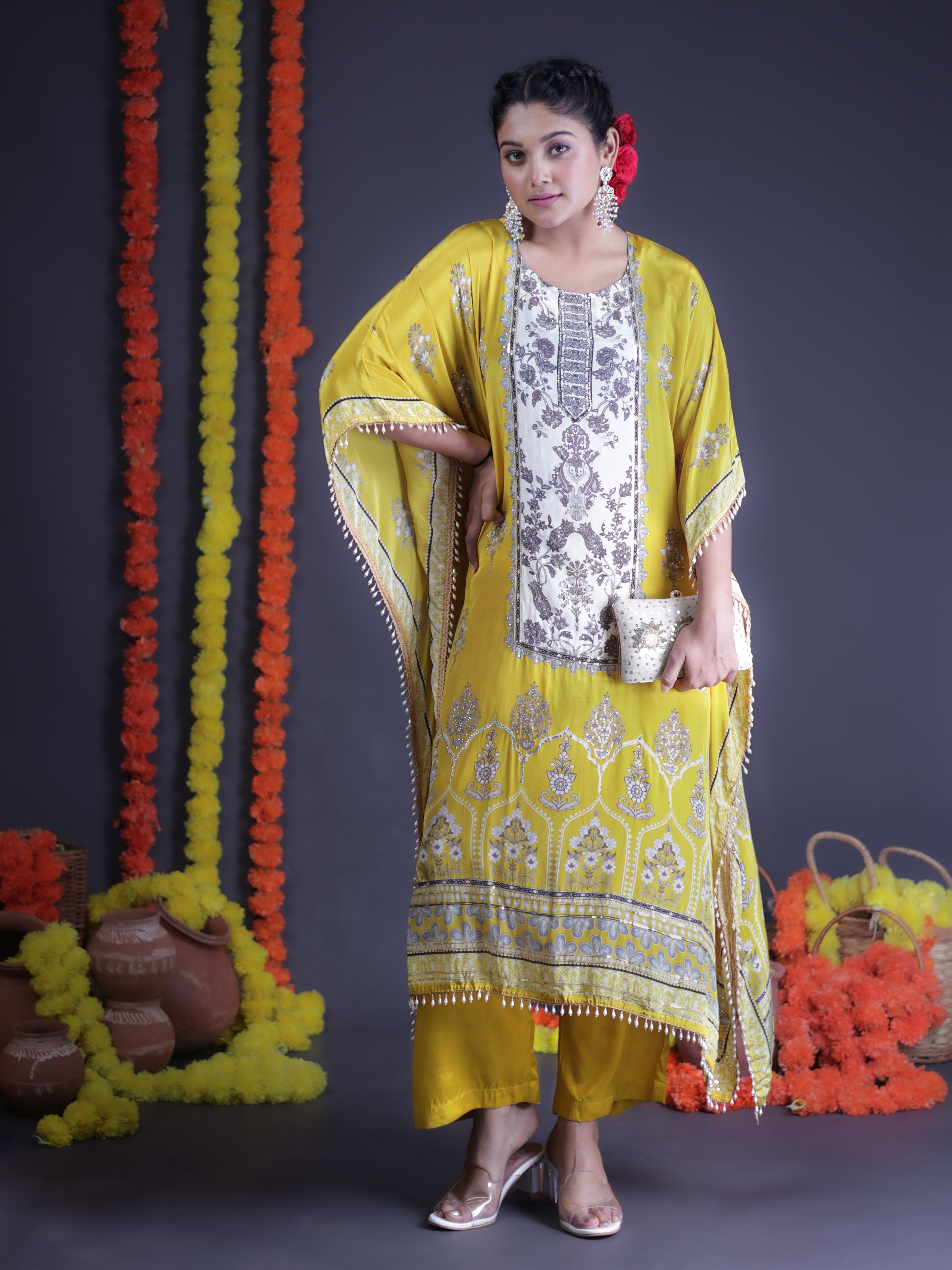 GILDED YELLOW WHITE EMBELLISHED KAFTAN KURTA SET