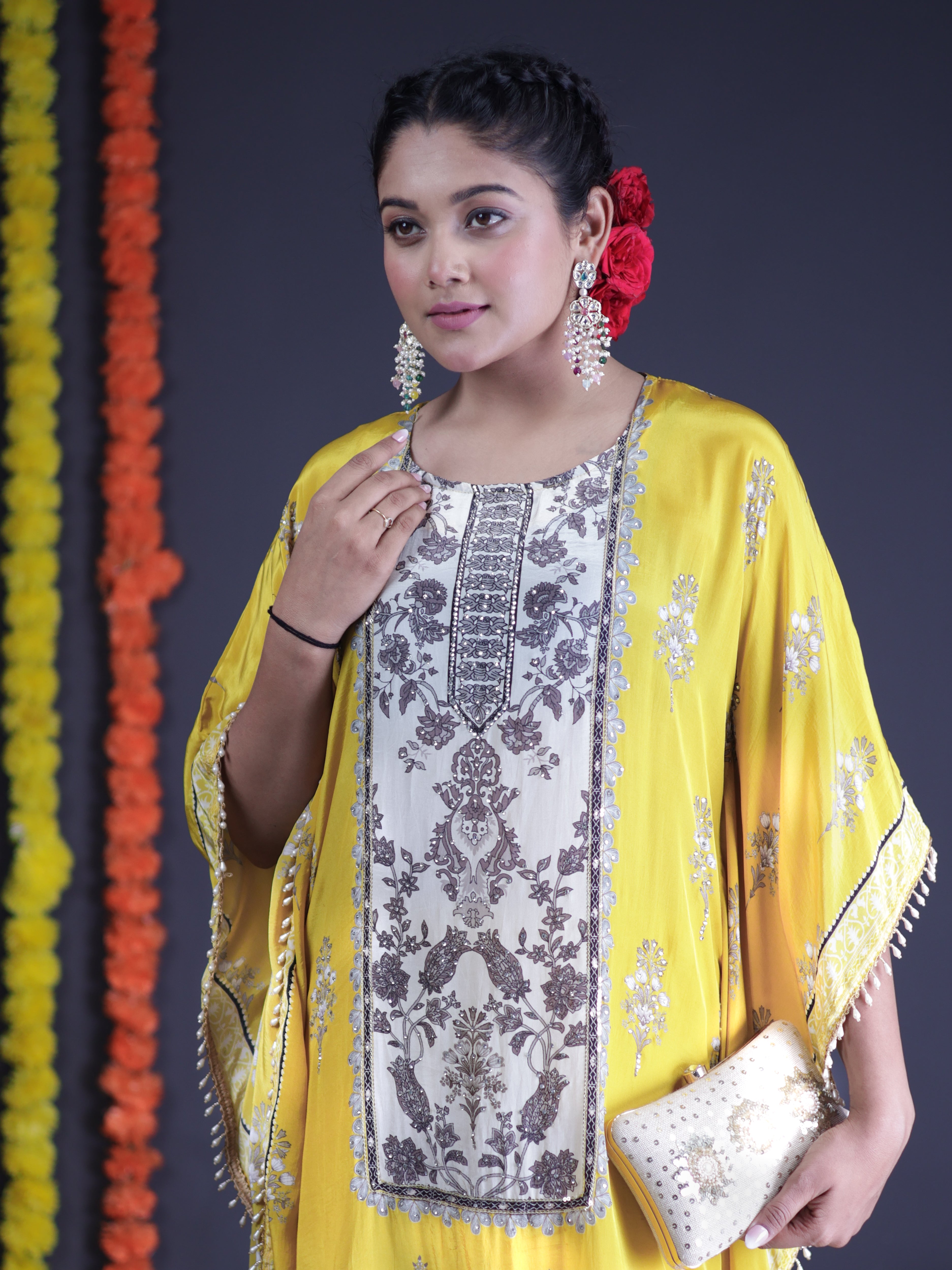 GILDED YELLOW WHITE EMBELLISHED KAFTAN KURTA SET