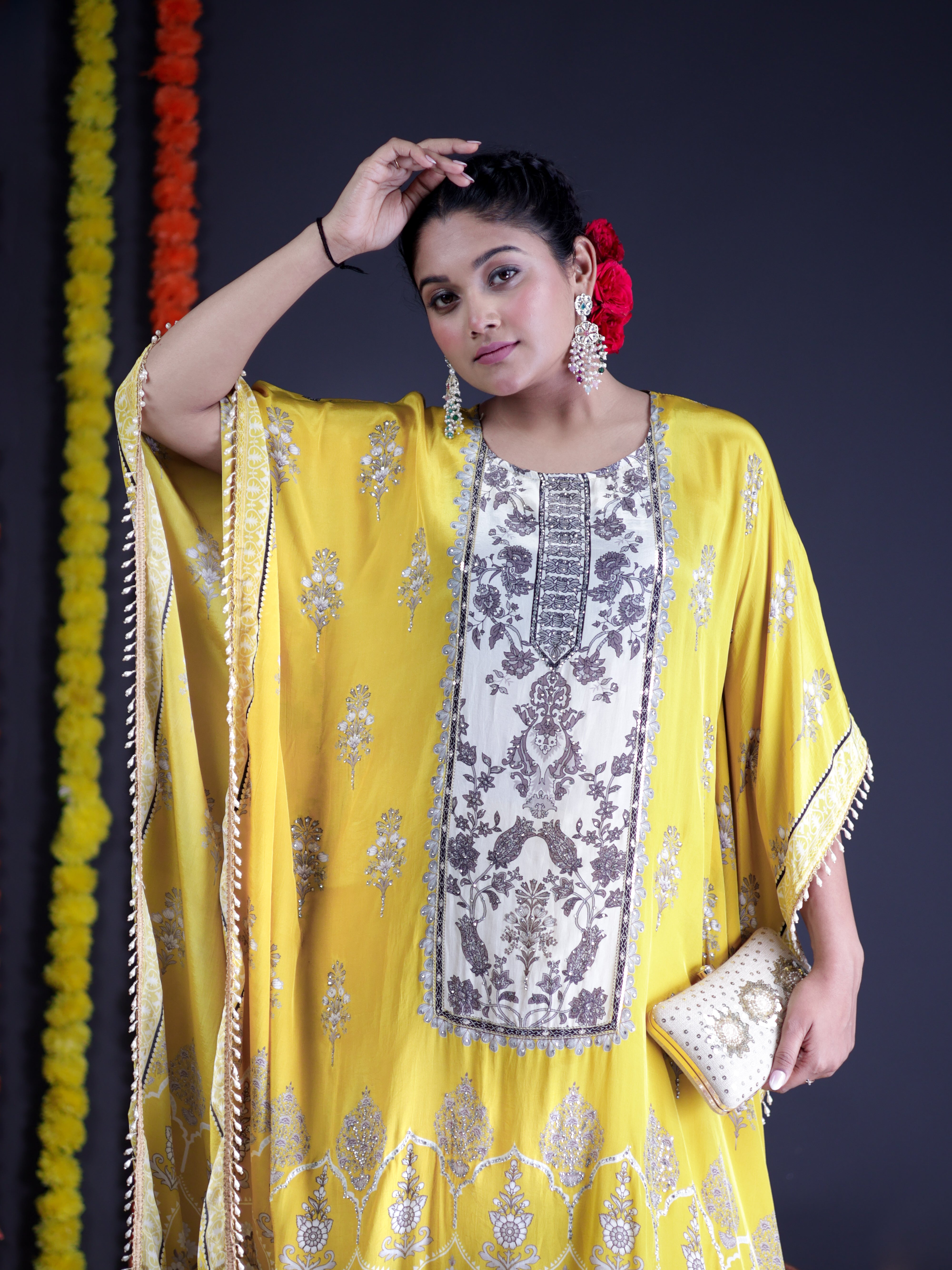 GILDED YELLOW WHITE EMBELLISHED KAFTAN KURTA SET