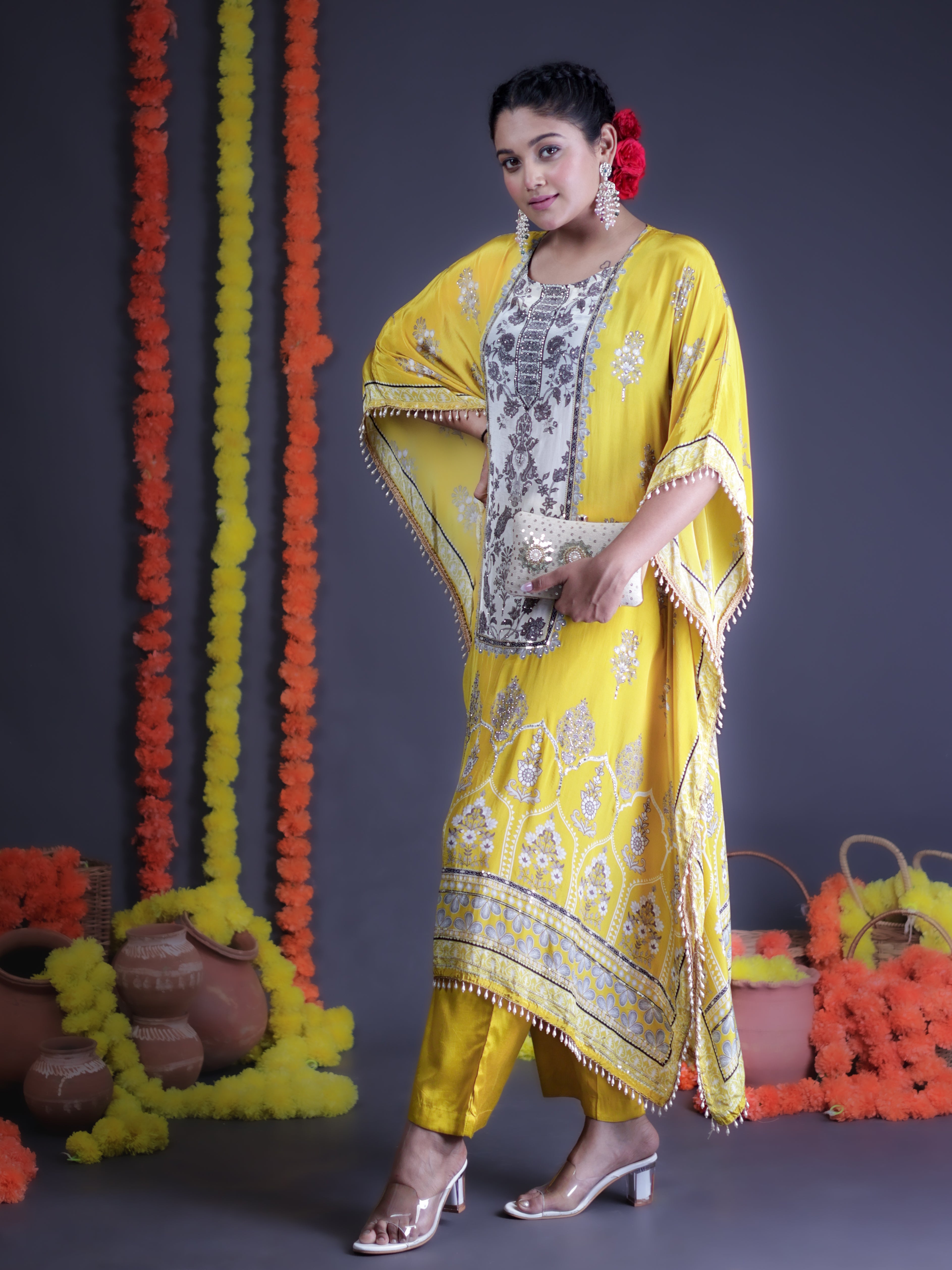 GILDED YELLOW WHITE EMBELLISHED KAFTAN KURTA SET