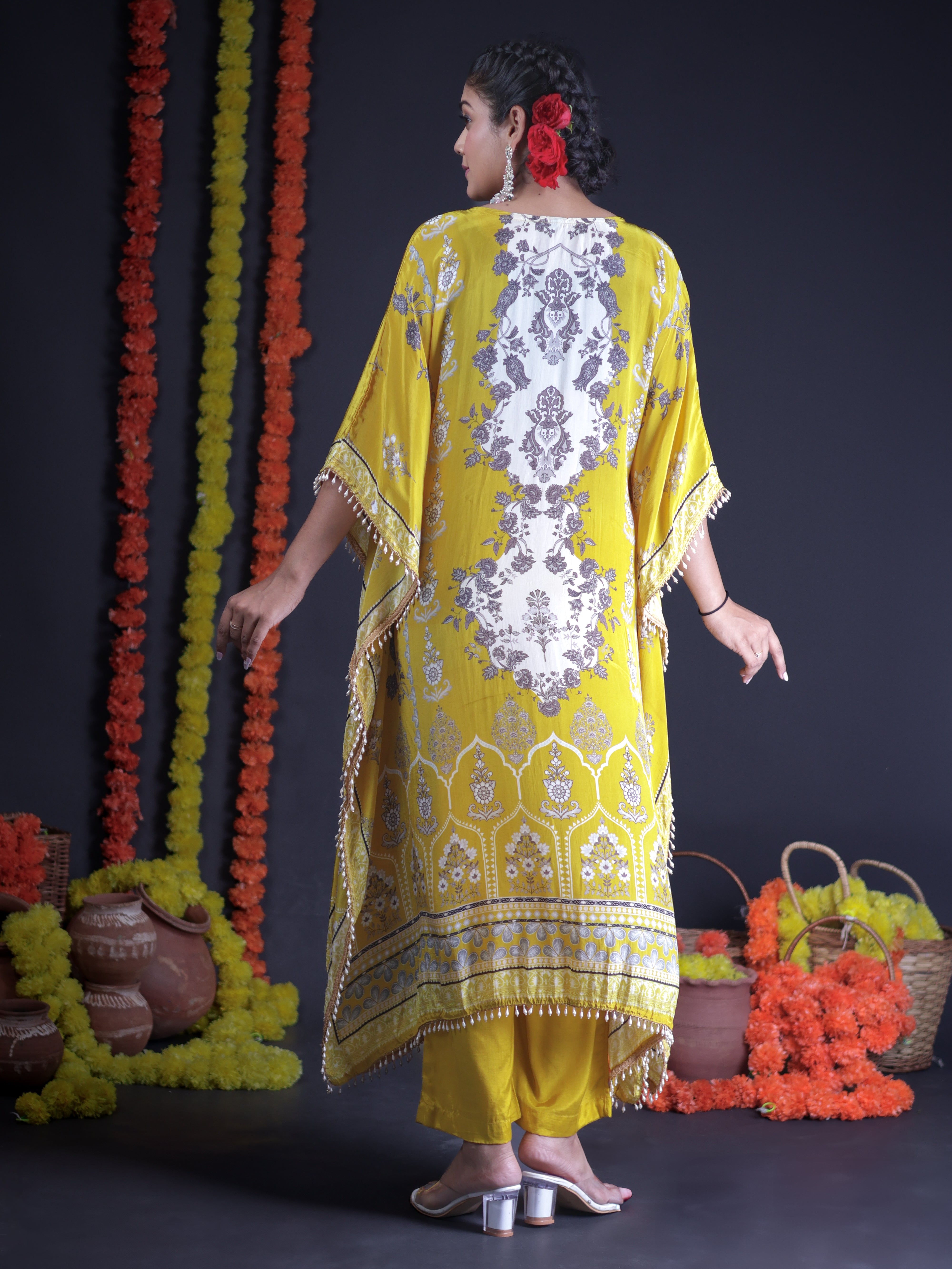 GILDED YELLOW WHITE EMBELLISHED KAFTAN KURTA SET