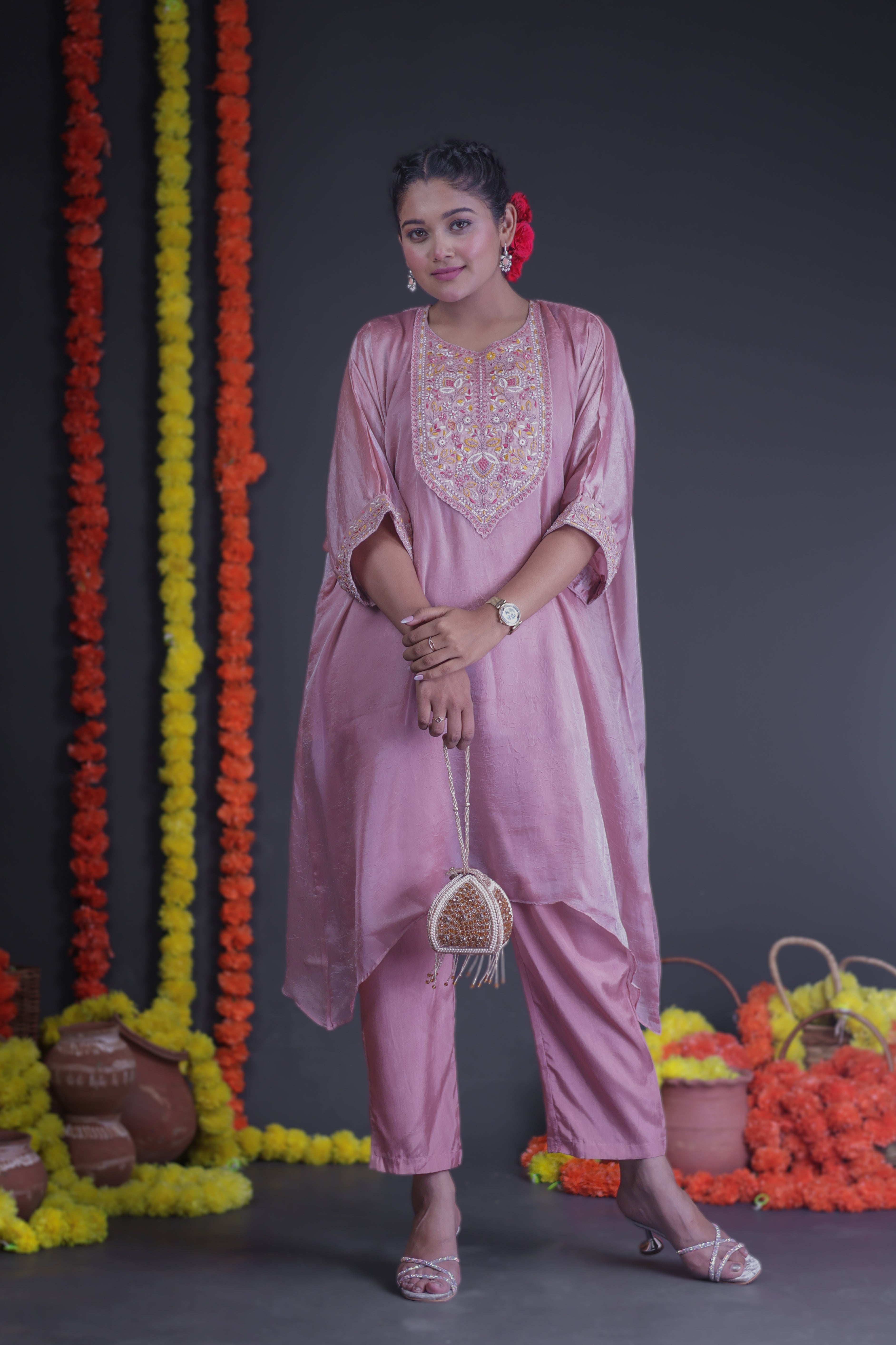 BLUSH PINK SHIMMER EMBROIDERED EMPIRE KURTA SET