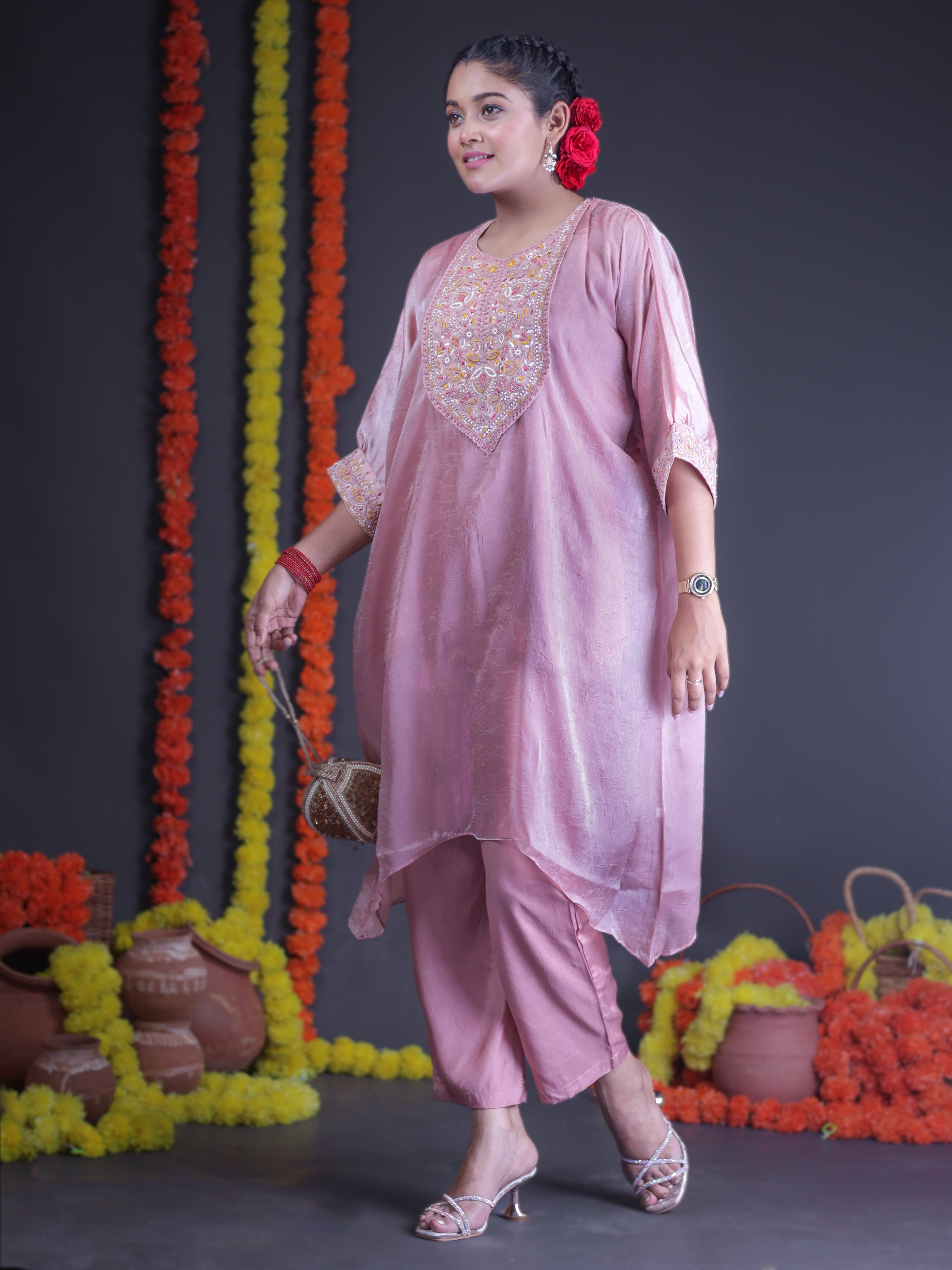 BLUSH PINK SHIMMER EMBROIDERED EMPIRE KURTA SET