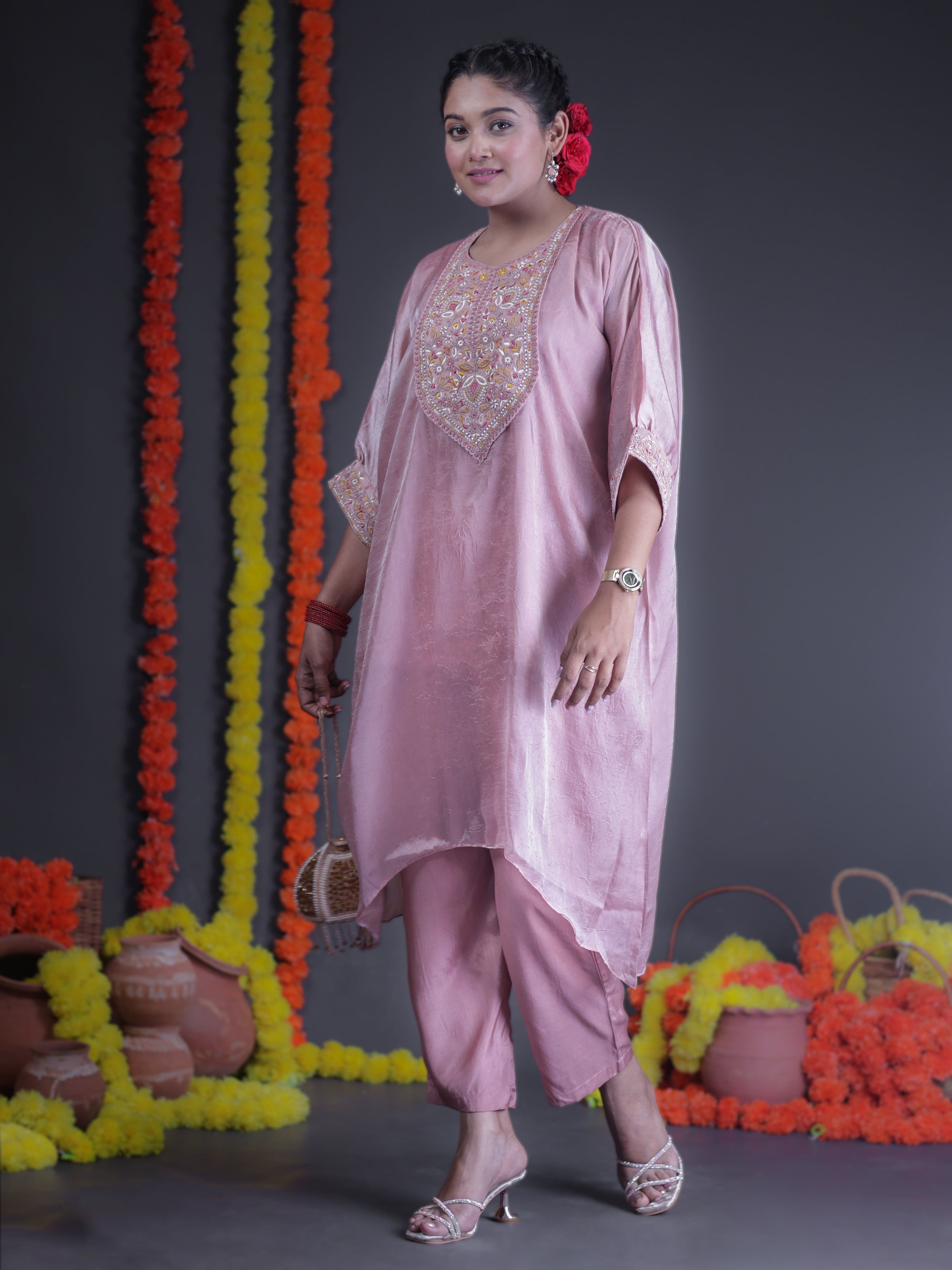 BLUSH PINK SHIMMER EMBROIDERED EMPIRE KURTA SET