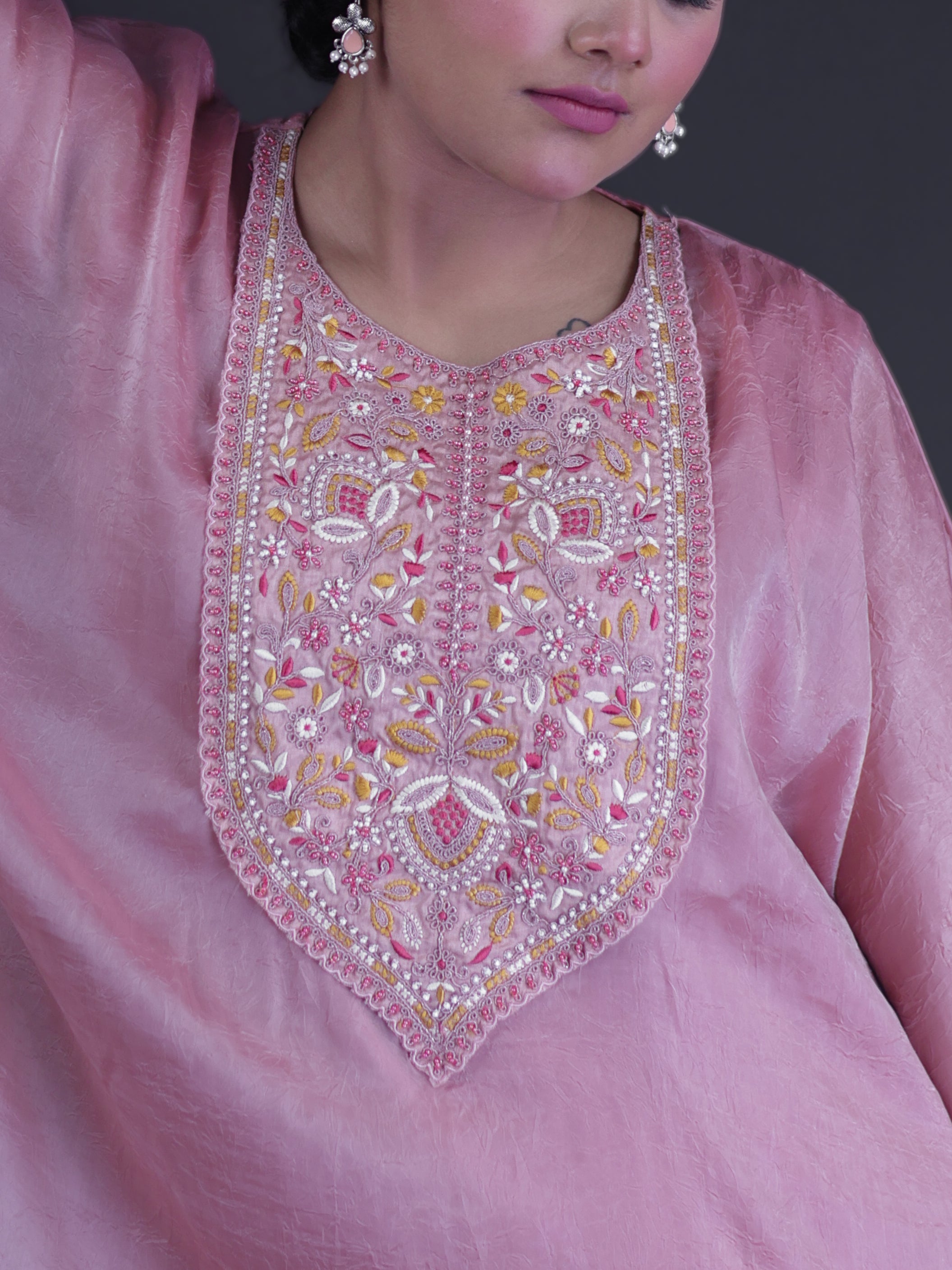 BLUSH PINK SHIMMER EMBROIDERED EMPIRE KURTA SET