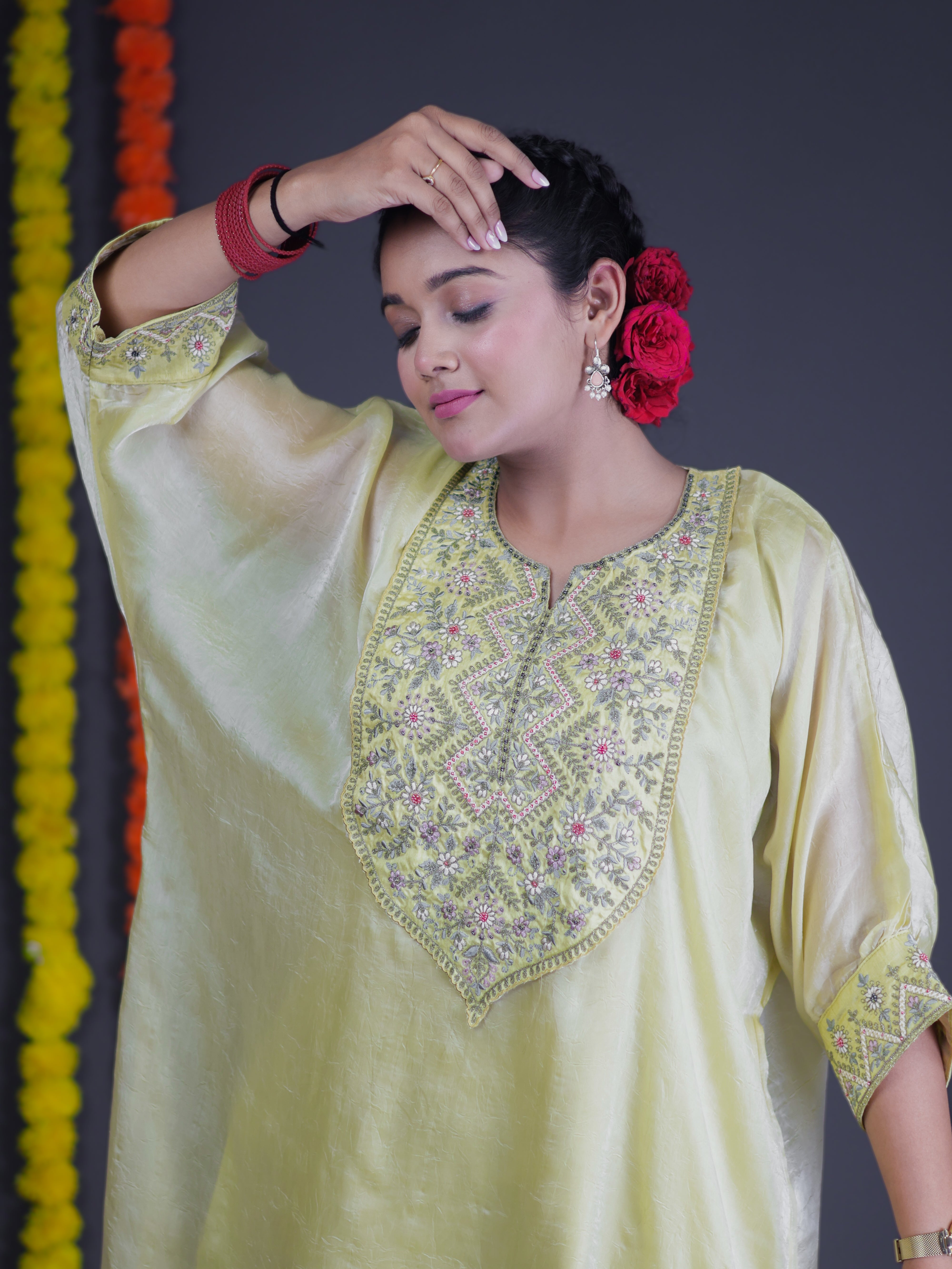 LIME GREEN SHIMMER EMBROIDERED EMPIRE-CUT KURTA SET