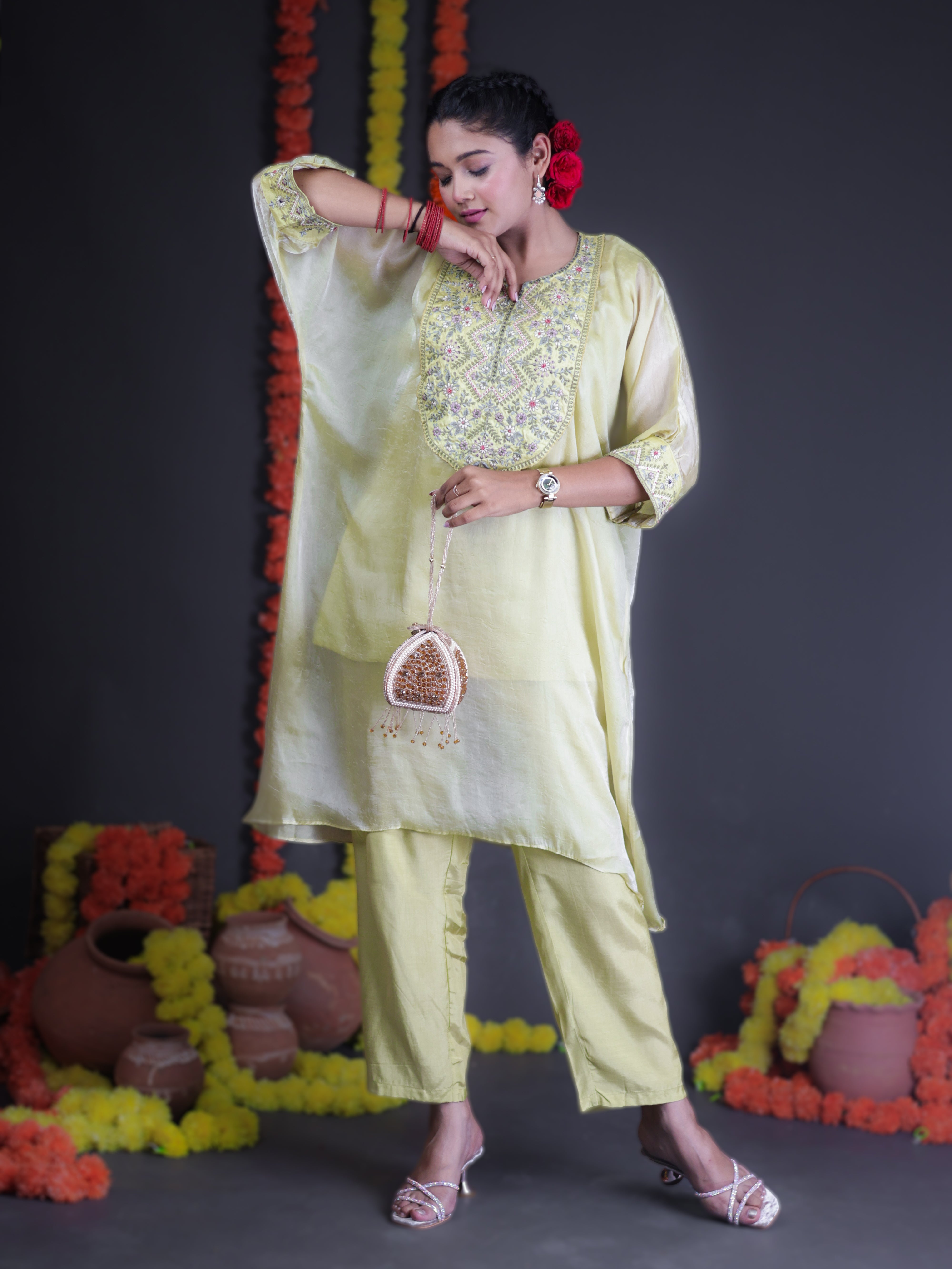 LIME GREEN SHIMMER EMBROIDERED EMPIRE-CUT KURTA SET
