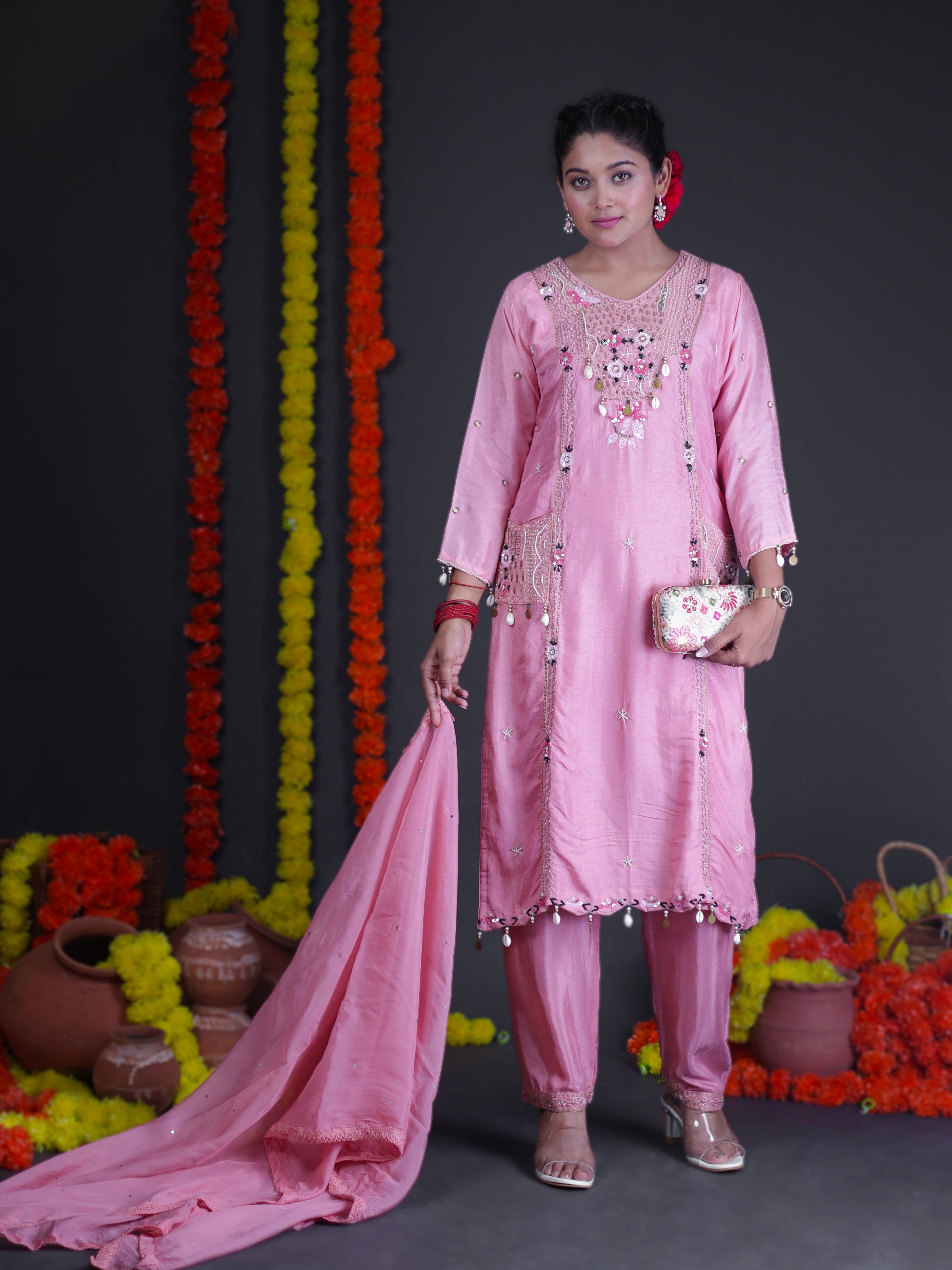 SURKH PINK PEARL EMBELLISHED POCKET EMBROIDERED SILK SUIT SET