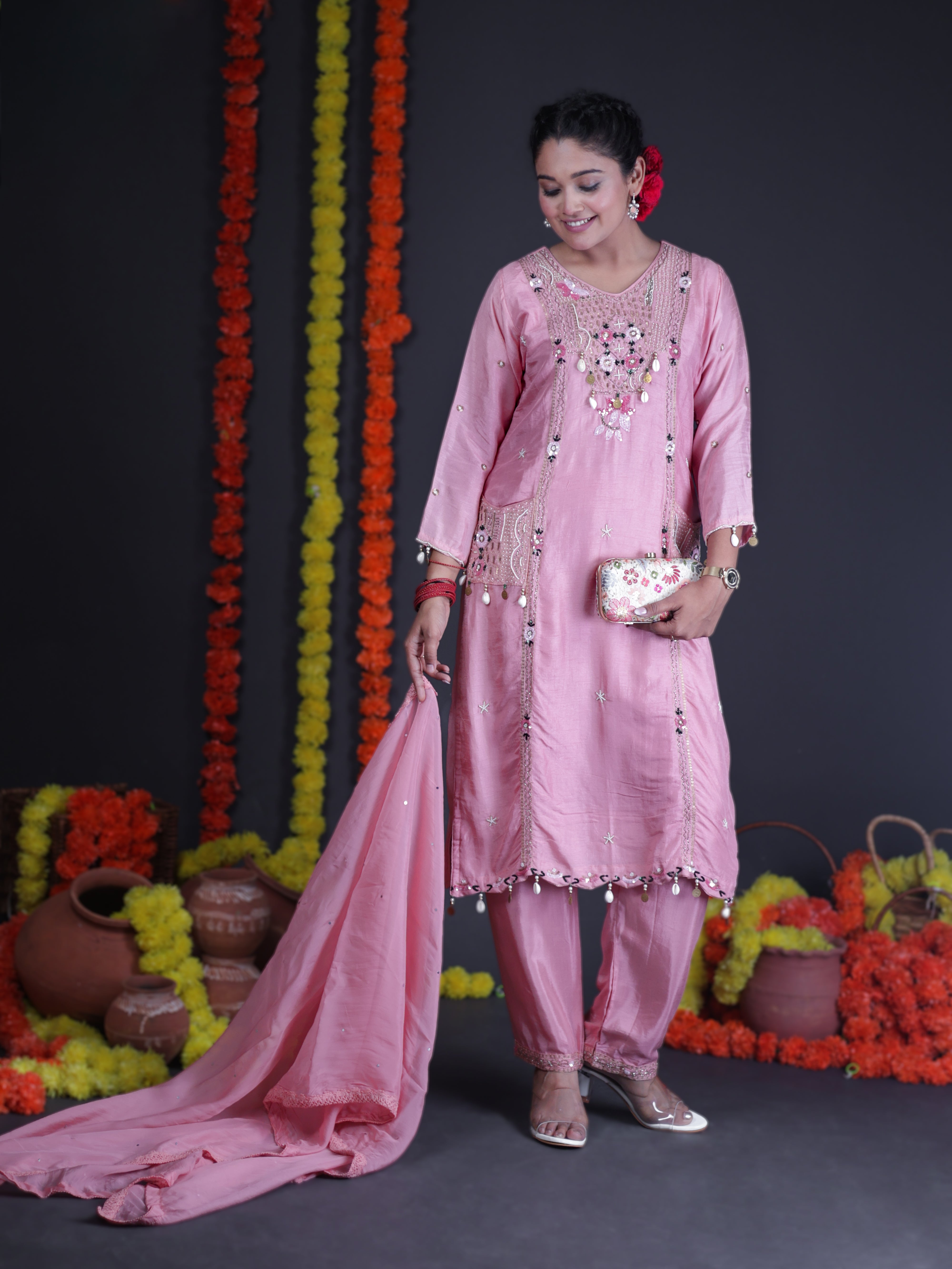 SURKH PINK PEARL EMBELLISHED POCKET EMBROIDERED SILK SUIT SET
