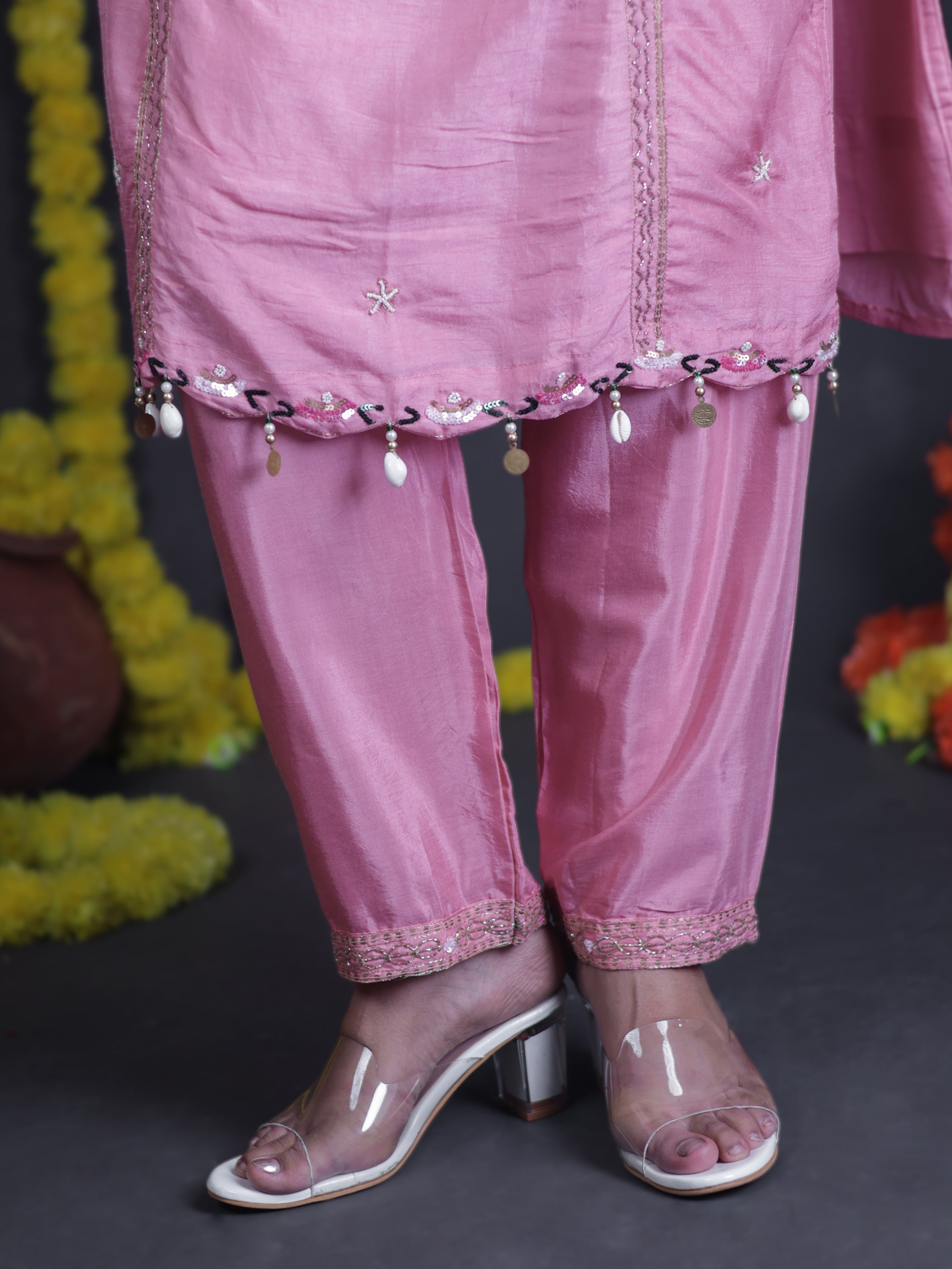SURKH PINK PEARL EMBELLISHED POCKET EMBROIDERED SILK SUIT SET