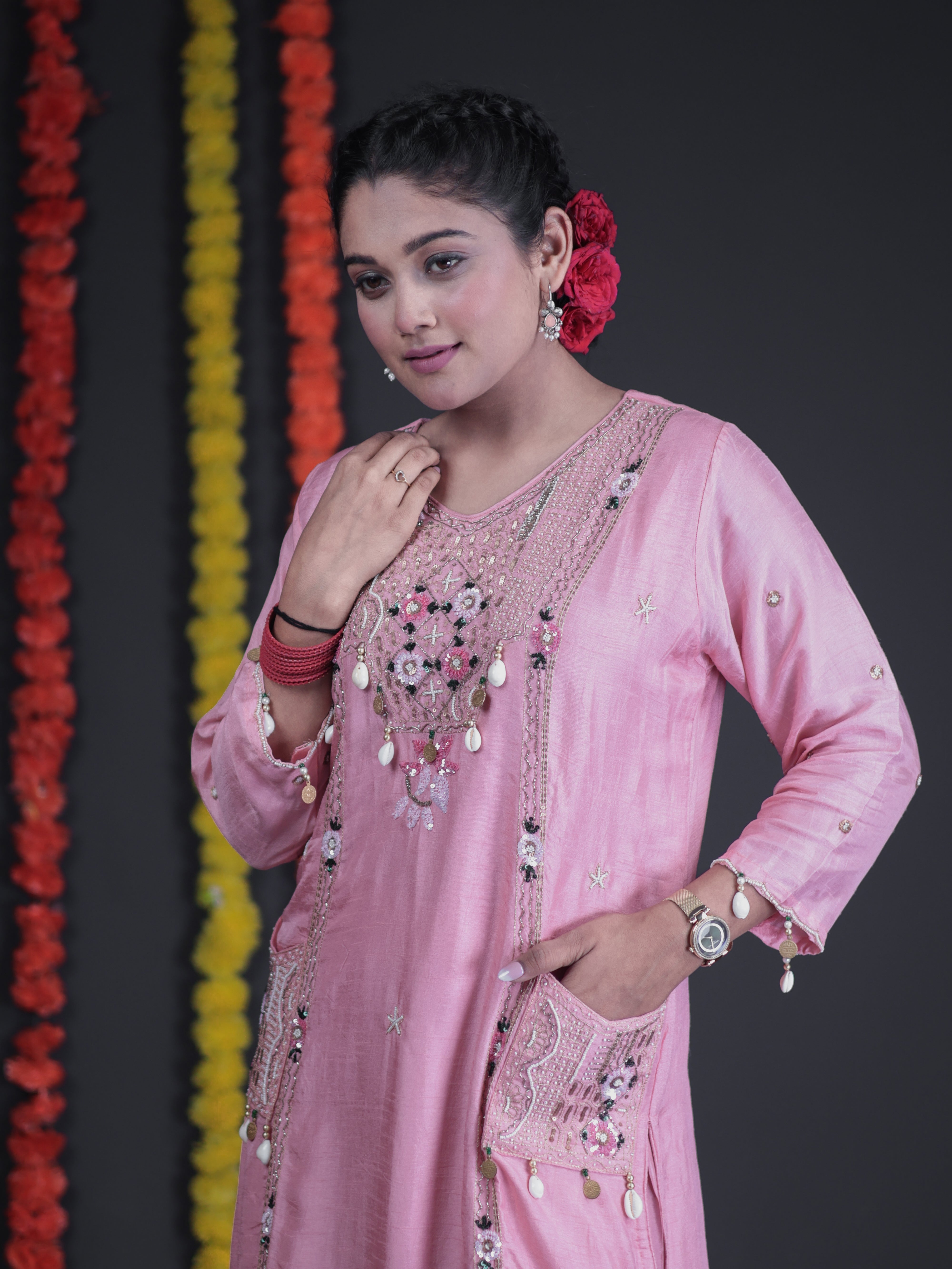 SURKH PINK PEARL EMBELLISHED POCKET EMBROIDERED SILK SUIT SET