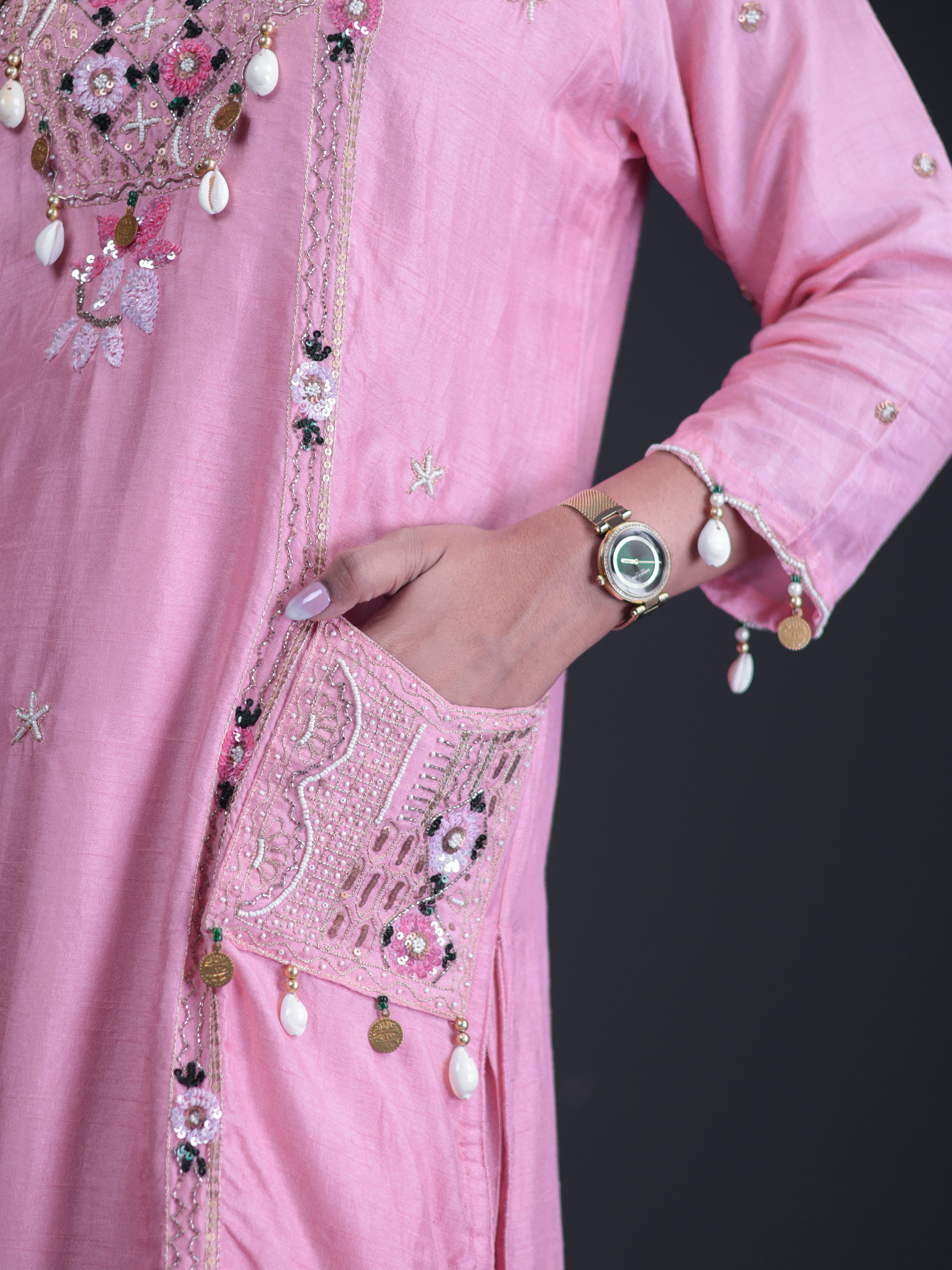 SURKH PINK PEARL EMBELLISHED POCKET EMBROIDERED SILK SUIT SET