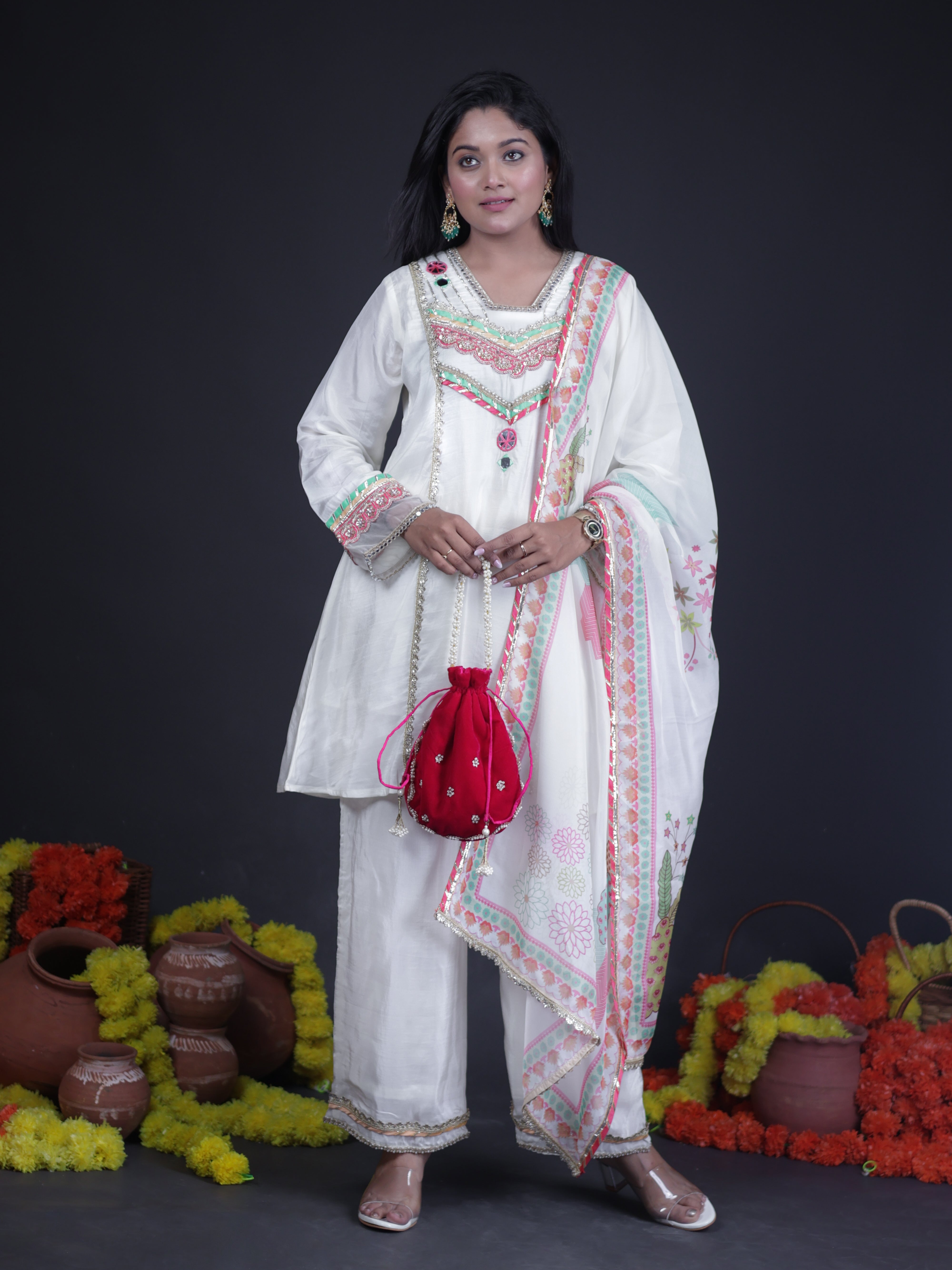IVORY CHARM EMBROIDERED PURE CREPE SUIT SET
