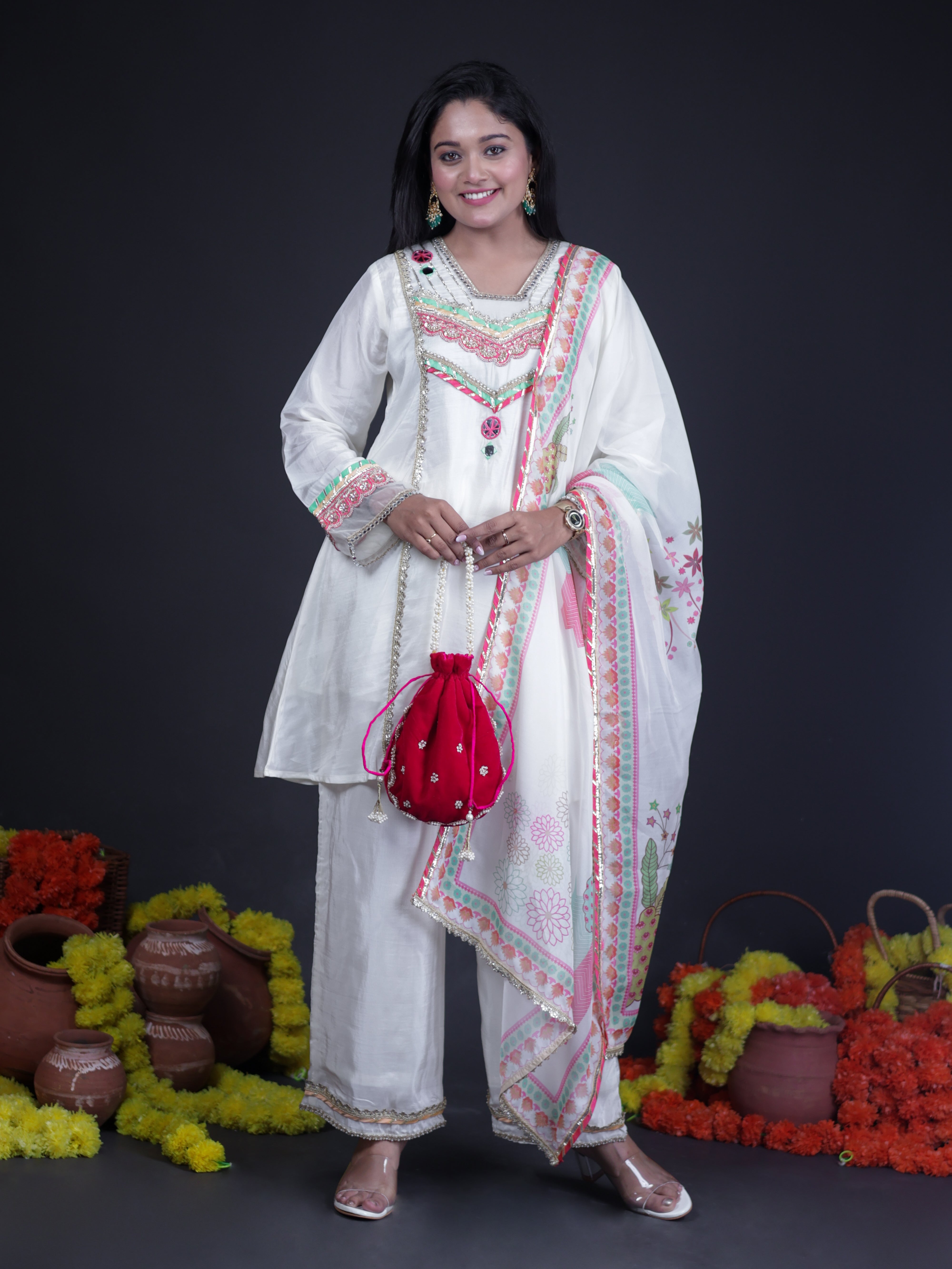 IVORY CHARM EMBROIDERED PURE CREPE SUIT SET