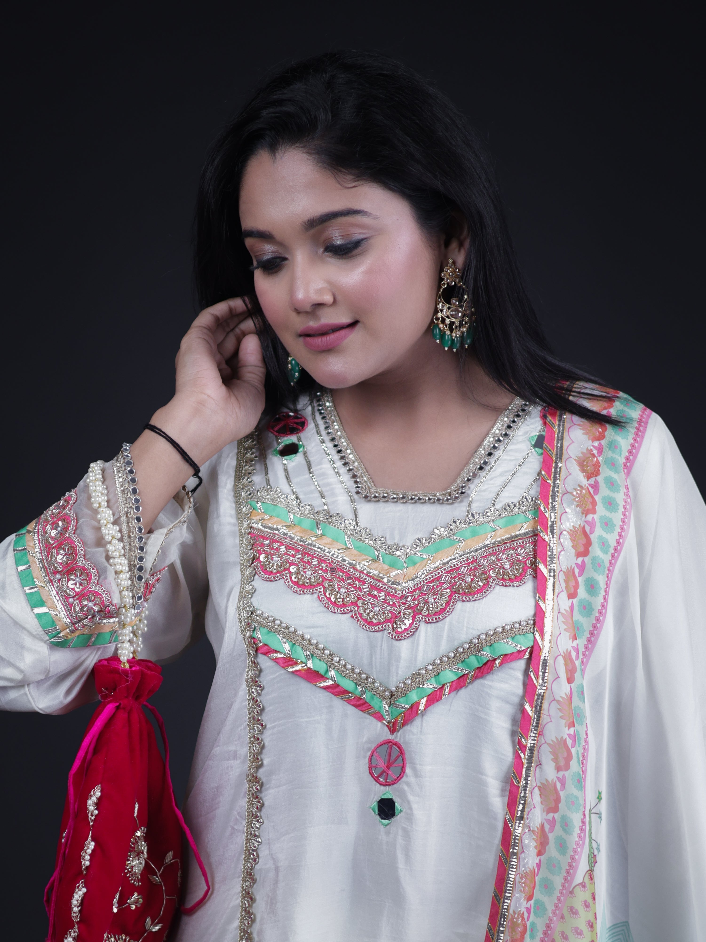 IVORY CHARM EMBROIDERED PURE CREPE SUIT SET